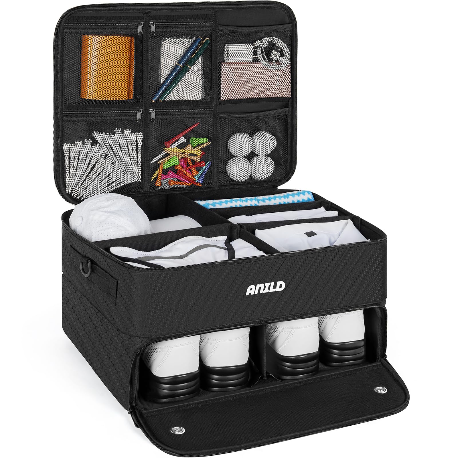ANILD Golf Trunk Organizer, 2 Layer Golf Storage Case with Separate Ventilated Compartment for 2 Pair Shoes, for Balls, Tees, Clothes, Gloves, Accessories, Golfer Gifts