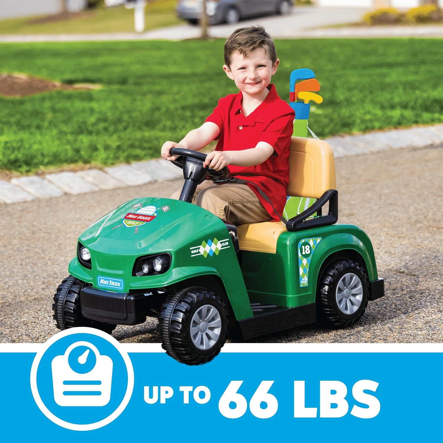 Kid Trax 6V Golf Cart Ride-On for Toddlers, Ages 3+, Golf Clubs & Balls, Lights & Sounds, 2MPH Max Speed, 66lbs Capacity, Seat Belt & Cup Holder, Rechargeable Battery, Forward & Reverse
