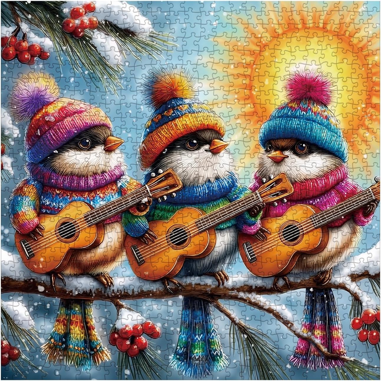 Cute Colorful Bird Puzzles for Adults 1000 Pieces, Funny Animal Guitar Landscape Jigsaw Puzzles, Winter Art Challenging Aesthetic Scenic Puzzle image 2