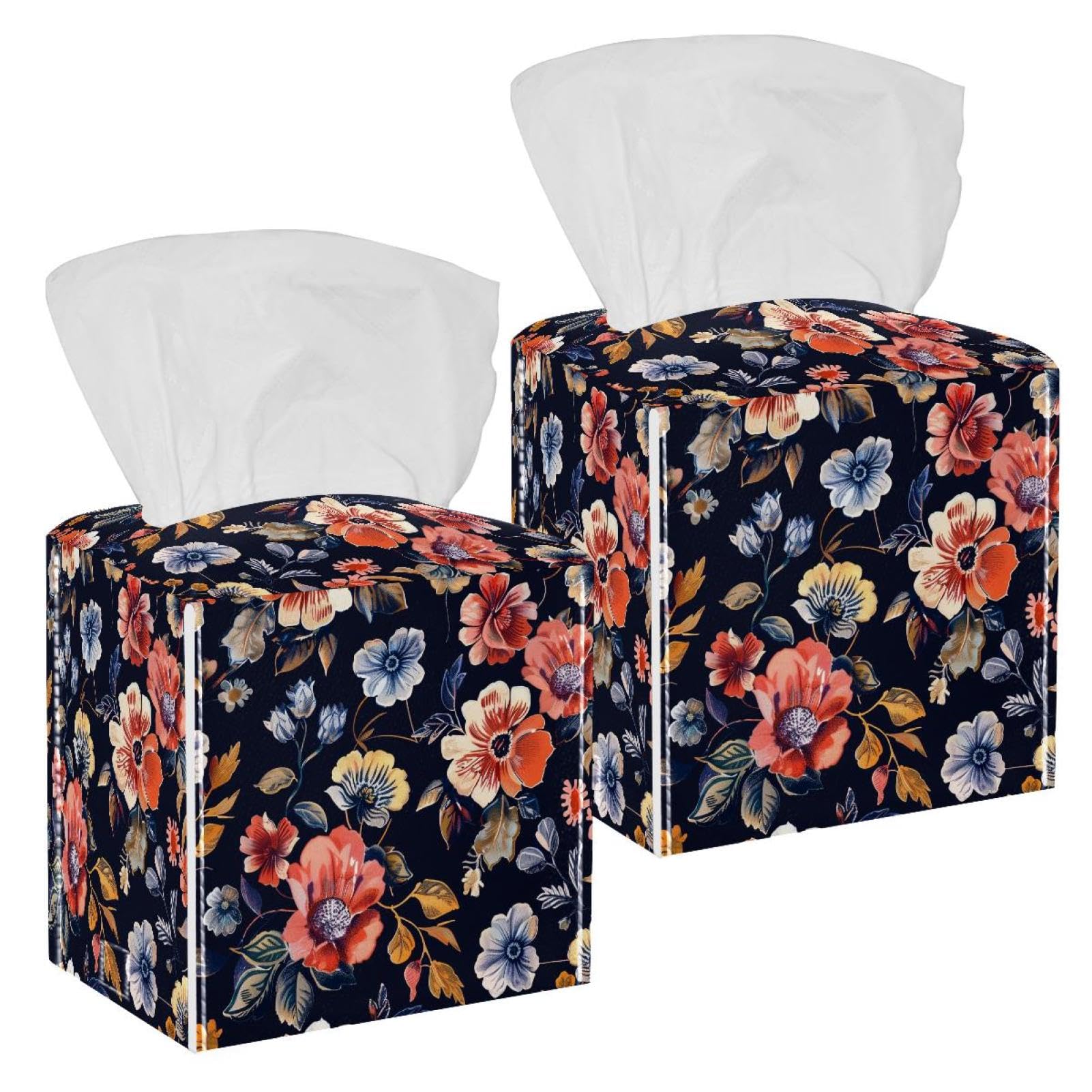 Flowers Tissue Box Cover, 2 Pack PU Leather Square Facial Tissue Dispenser Box holder for Home Office Car
