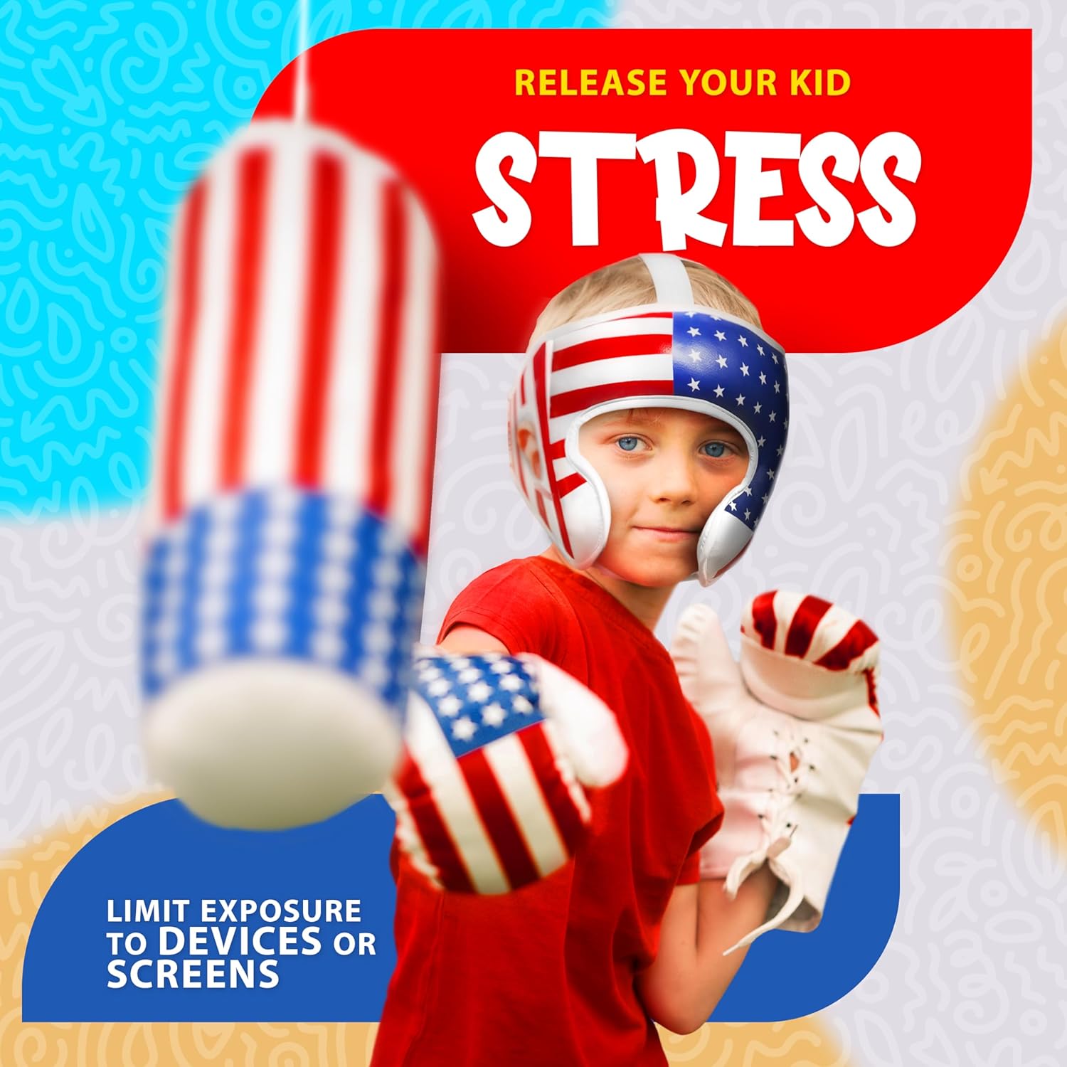 DXM SPORTS USA Flag Kids Punching Bag Set with 8OZ Boxing Gloves, Headguard and Punching Bag Set for Kids
