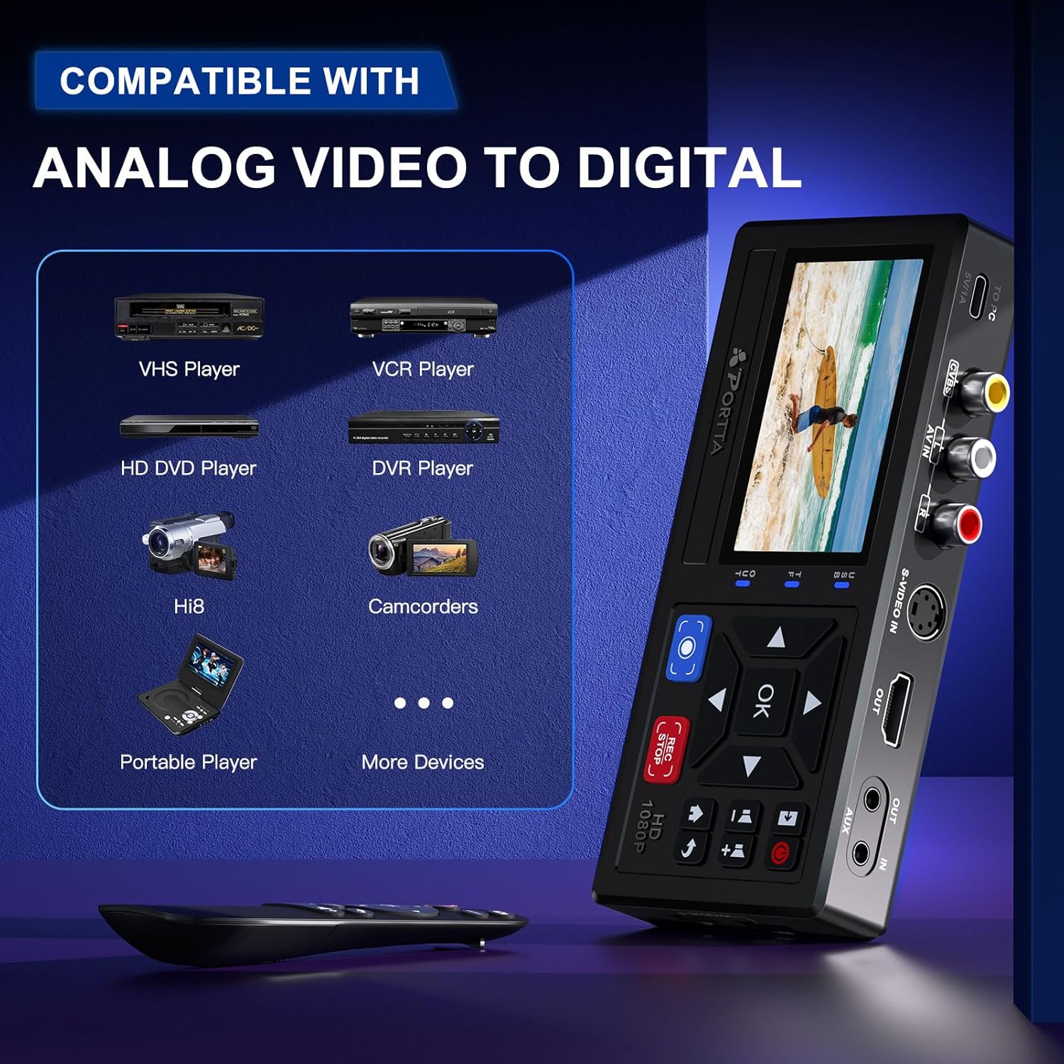 Portta VHS to Digital Converter, Video to Digital Recorder with Remote, Compatible with VHS, VCR, DVR, DVD, Hi8, Mini DV Players, Camcorder, Gaming Consoles (Tapes/DVD Player Not Included)