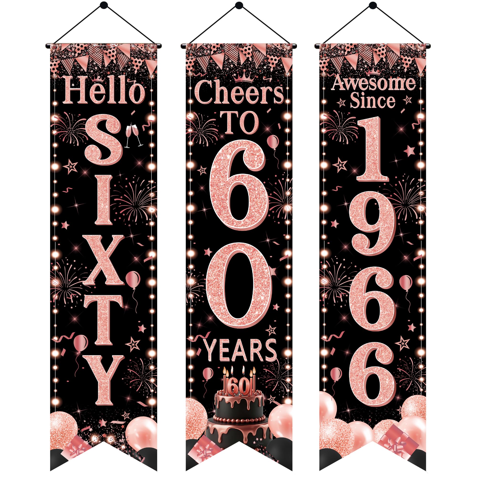 60th Birthday Door Banner Decorations - Black Rose Gold Hello Sixty Porch Signs 3.9x0.9ft, 3Pcs Cheers to 60 Years Awesome Since 1966 Hanging Banners for 60th Birthday Party Decor