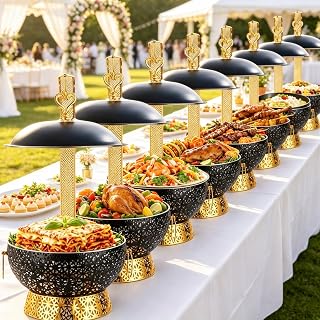 8 Pack 8QT Black & Gold Chafing Dish, Stainless Steel Buffet Server with Viewing Window & Rolled Edge, Food Warmer for Home Parties, Small Gatherings & Everyday Entertaining