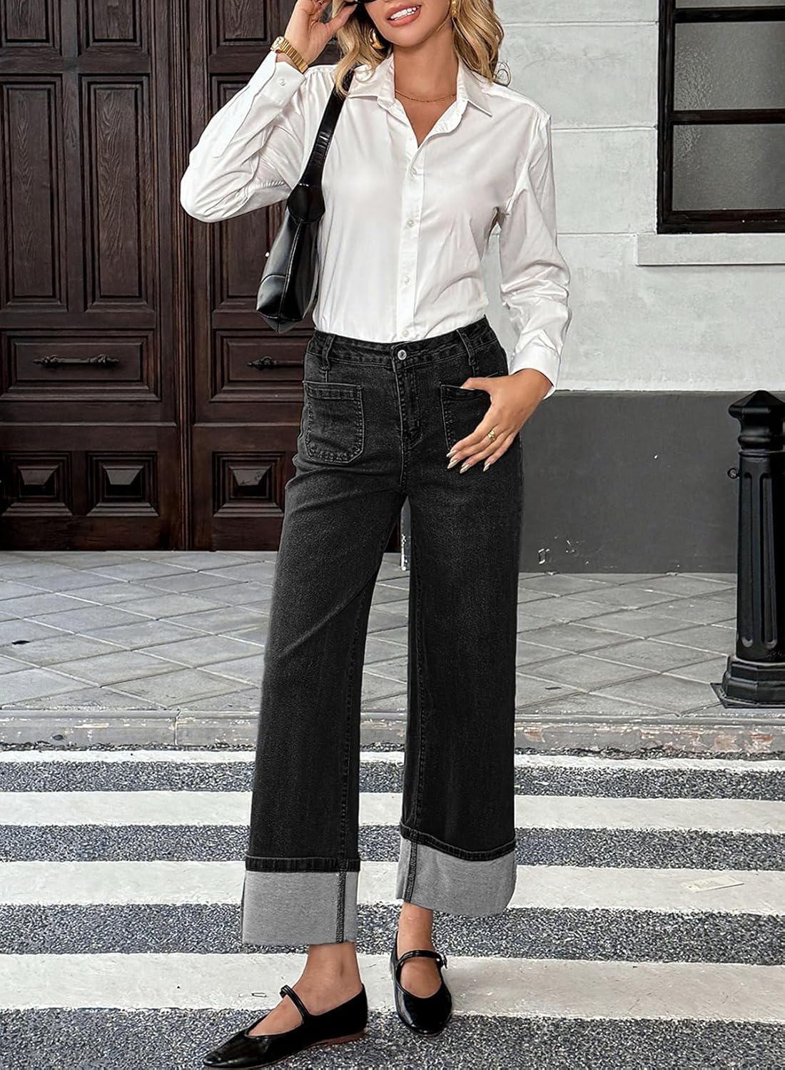 EVALESS Womens Jeans High Waisted Stretchy Cuffed Wide Leg Denim Pants with Pockets