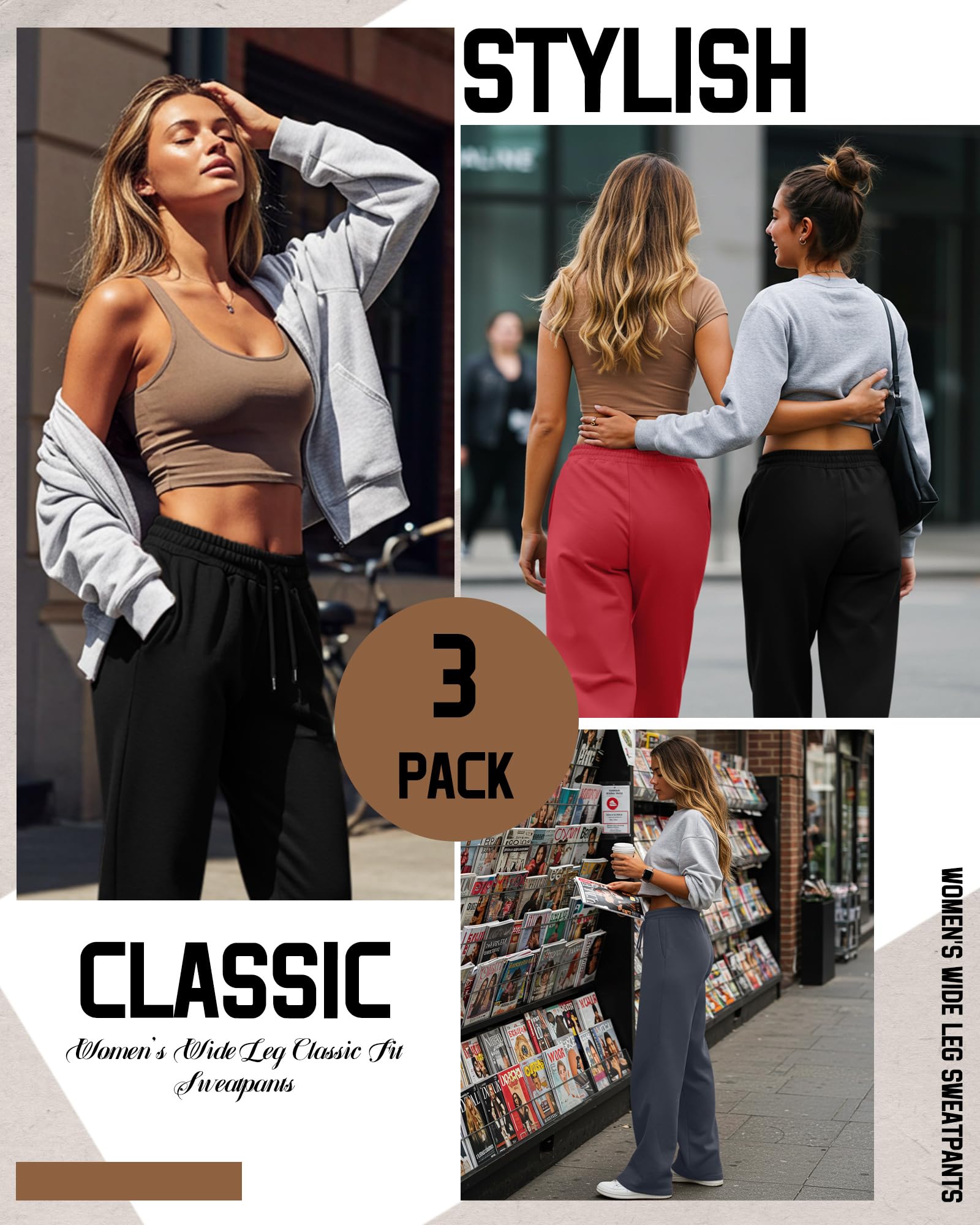 Neer 3 Pack Women's Sweatpants with Pockets, High Waisted Casual Yoga Pants Cozy Lounge Drawstring Loose Wide Leg Jogger