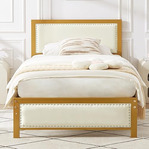 VECELO Twin Size Bed Frame with Upholstered Headboard, Heavy-Duty Platform with Strong Metal Slats, No Box Spring Needed, Easy Assembly, Velvet & Beige