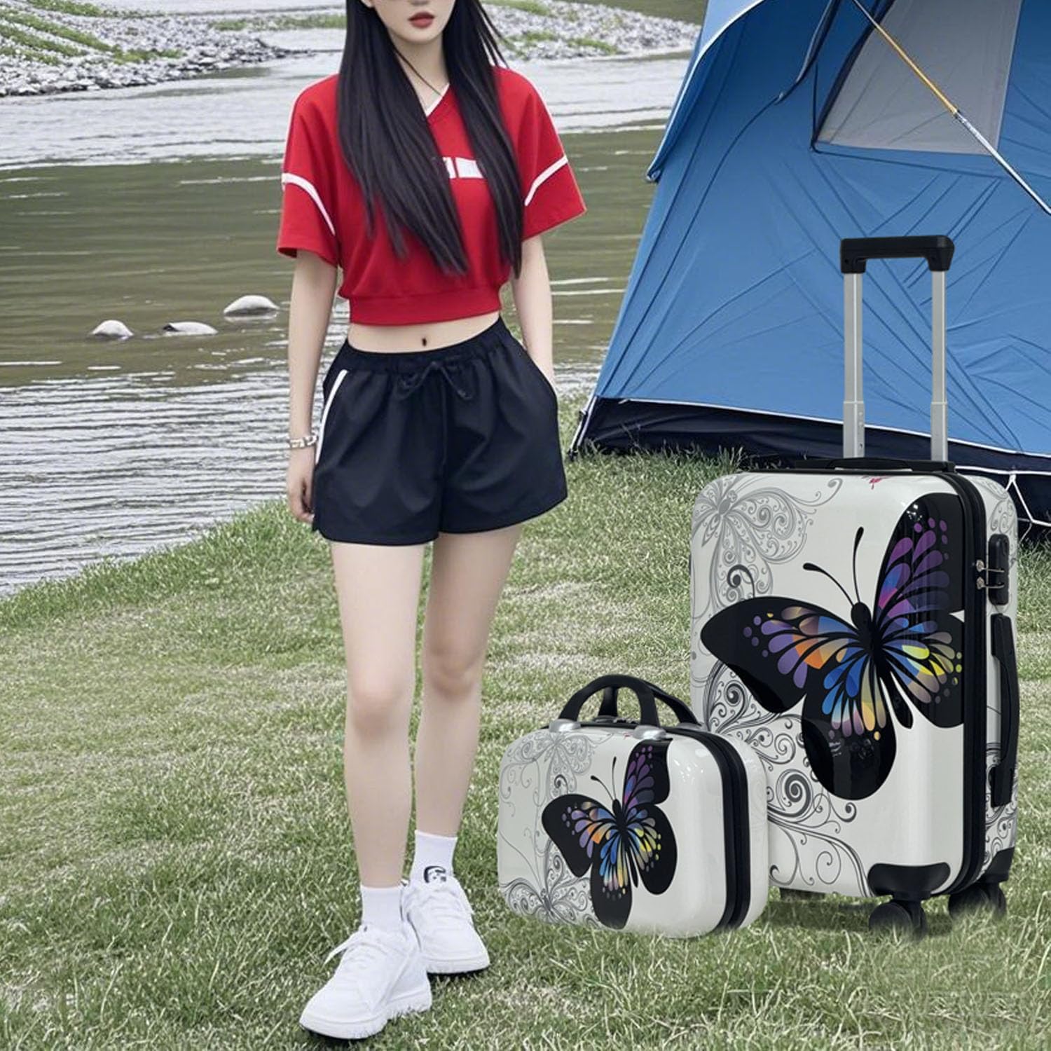 2-Piece White Butterfly Print Luggage Set (20" Carry-On + 14" Handbag), Hard Shell ABS+PC Suitcase with 360° Spinner Wheels & Combination Lock (White)