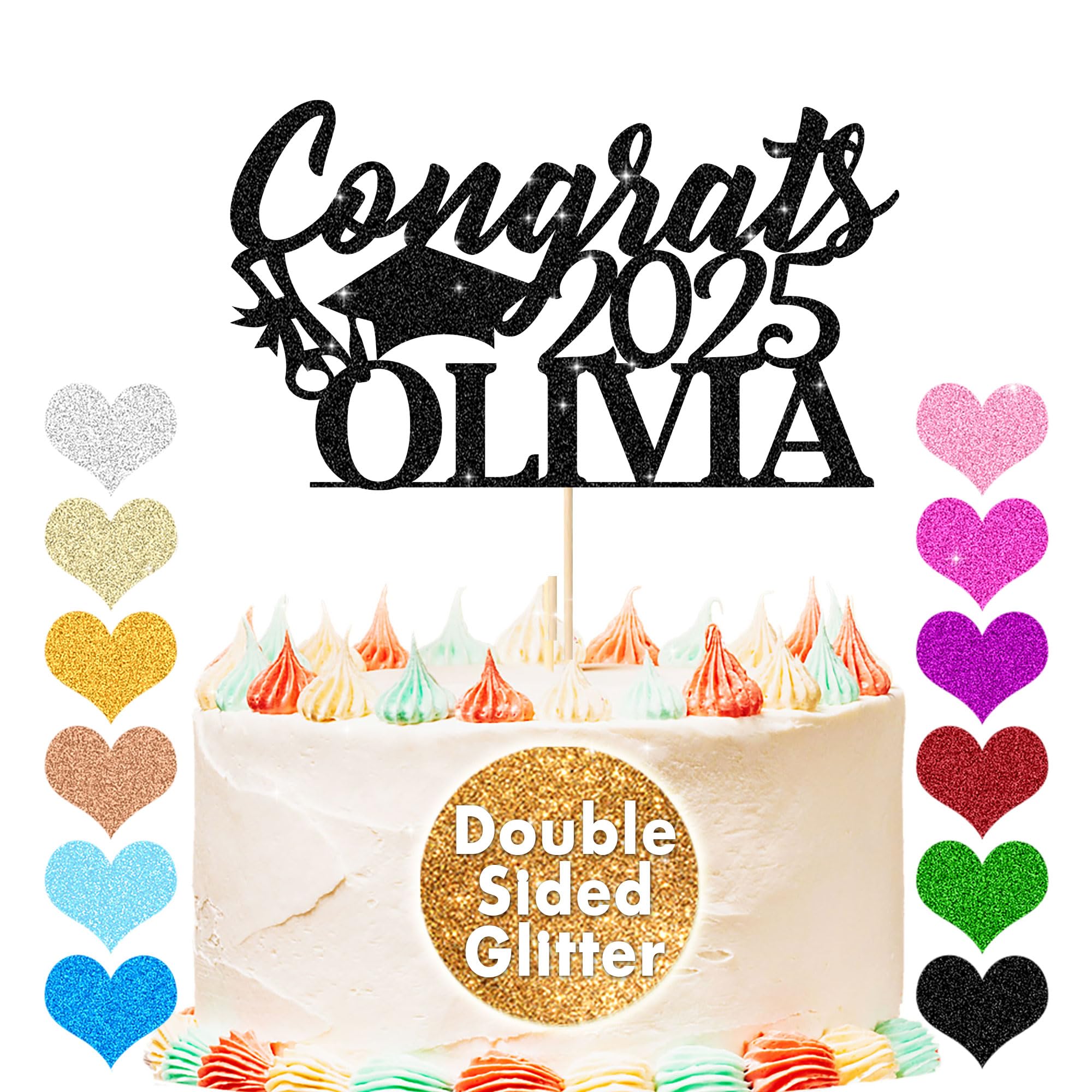 Personalized Cake Topper Custom Congrats Graduation Hat Student Class of 2025 Double Sided Glitter Card with Any Name (Black)