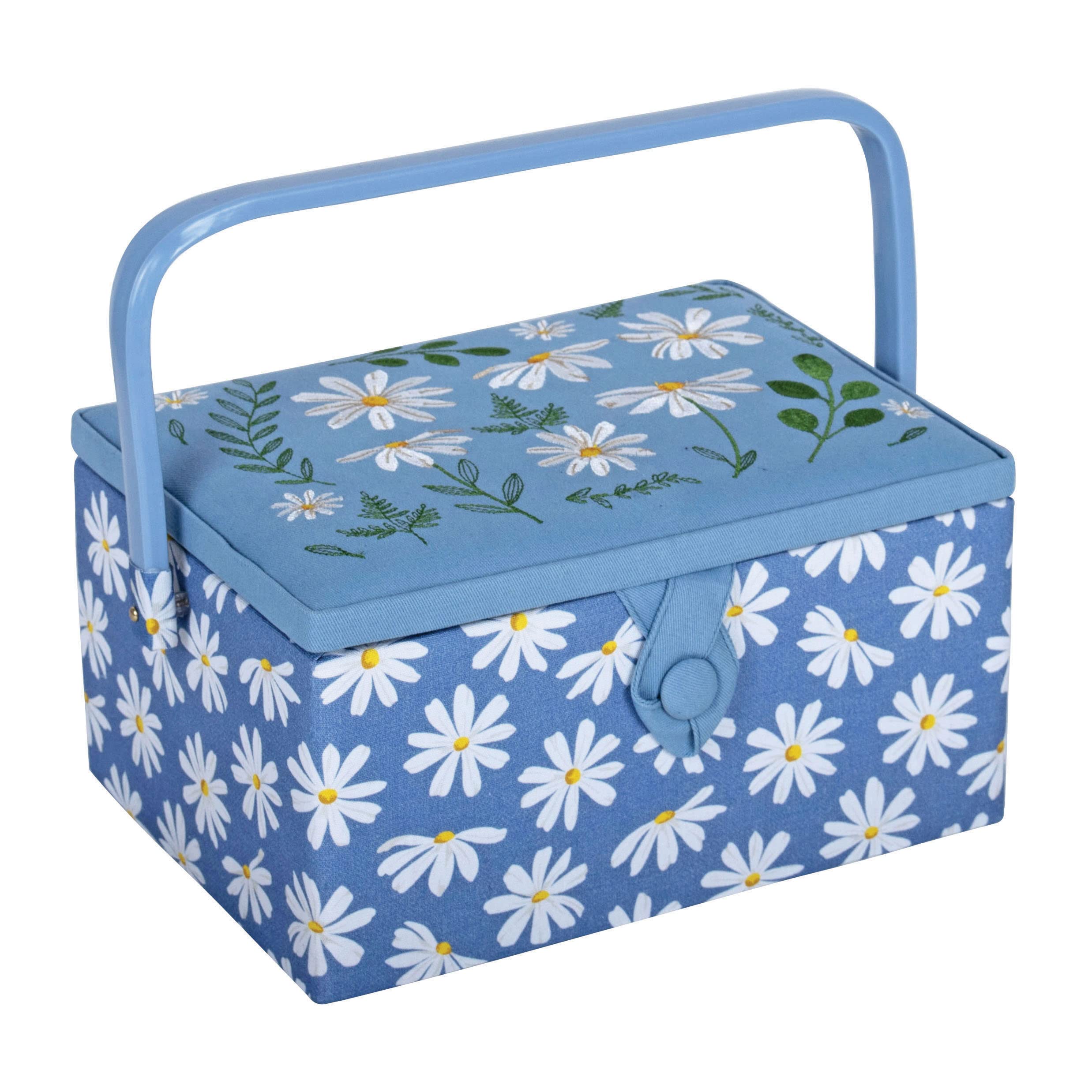 Hobby Gift Medium Sewing Box Organiser with Handle - Cotton Sewing Storage Box, Craft Storage with Compartments for Tools & Accessories - 18.5 x 25.5 x 14.5cm, Embroidered Denim Daisies