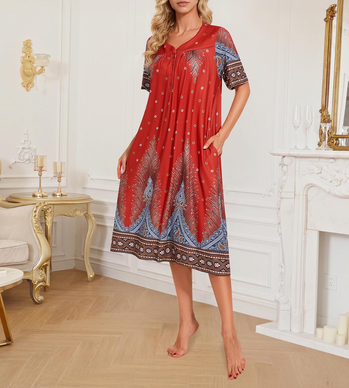 House Dresses for Women Floral Print Mumu Nightgowns Sleepwears with Pockets Lounge Dress - Image 3