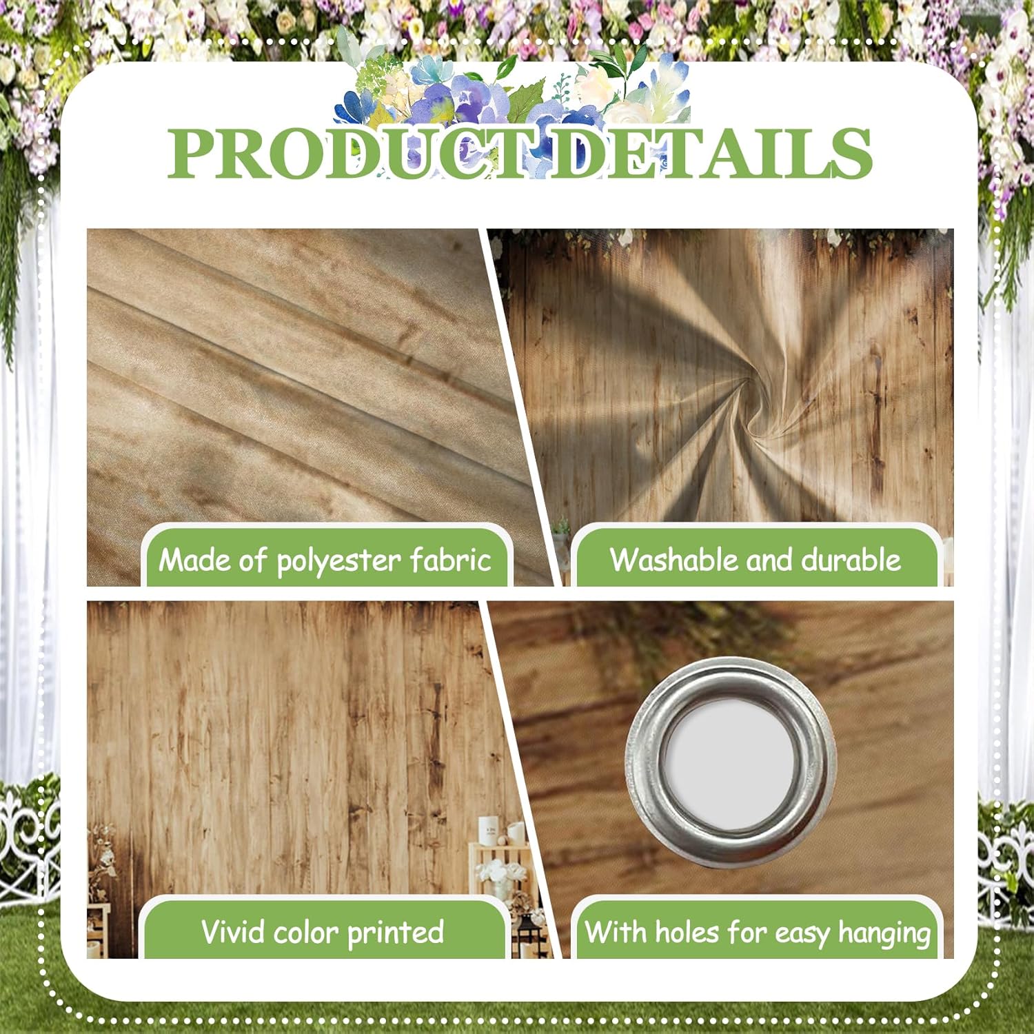 CSFOTO 7x16ft Floral Wood Wall Garage Door Decoration Banner Vintage Brown Country Theme Garage Decoration Mural Outdoor Indoor Bridal Shower Reception Ceremony Party Photo Props