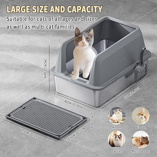 Miniatura 6 de Caja de arena de acero inoxidable, caja de arena grande para gatos con alfombrilla de arena para gatos, 23.62 pulgadas de largo x 15.75 pulgadas de