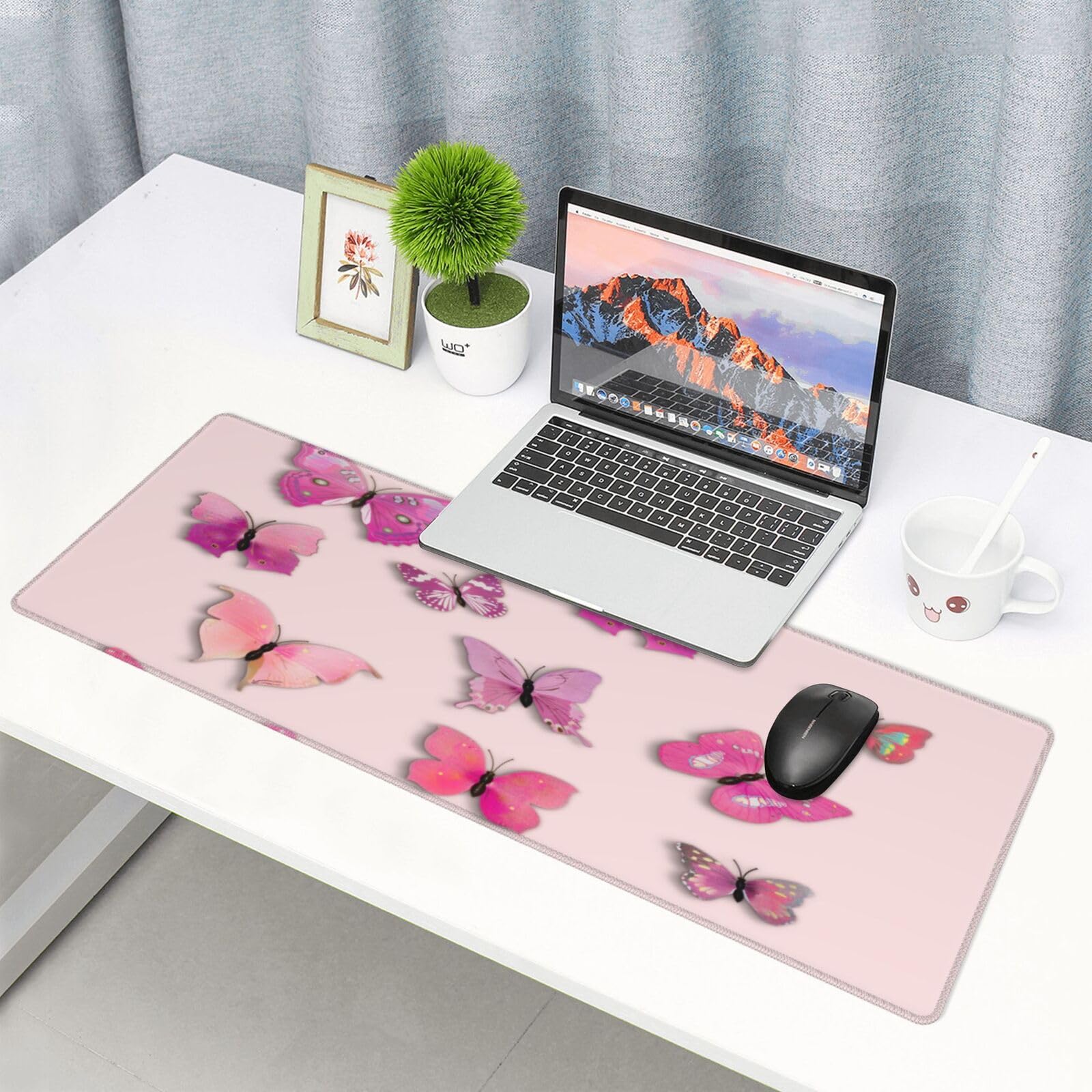 Star Moon Butterfly Large Desk Pad - Stitched Edge Mouse Mat, 31.5x15.7 Inch, Non-Slip Office Desk Blotter