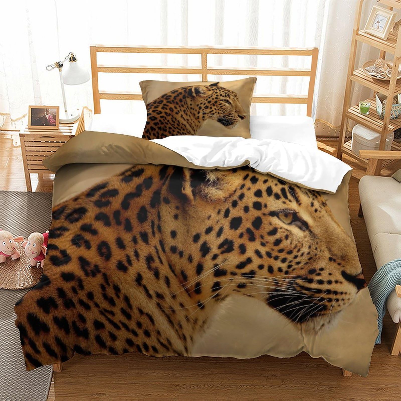 P1s9u7w5y Jaguar-4 Realistic Leopard Pattern 3D Printed Duvet Cover Set 3Pcs Microfiber Animal Bedding Set Single（135X200cm）