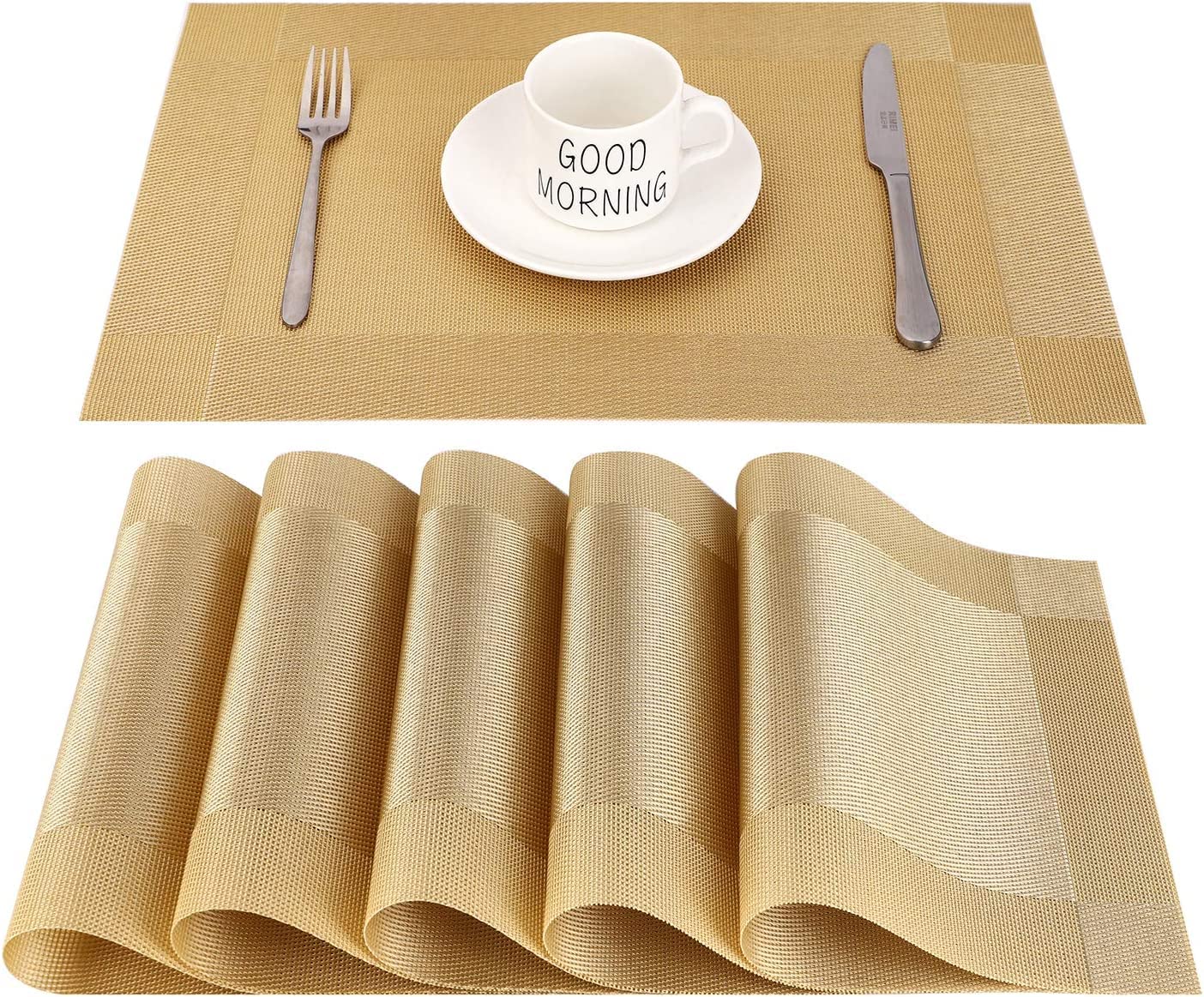 we3 45X30Cm PVC Placemat Set of 8 Washable Non-Slip Rectangle Table Mat Heat-Insulation Placemat Decoration for Home Kitchen Restaurant Hotel (Gold)