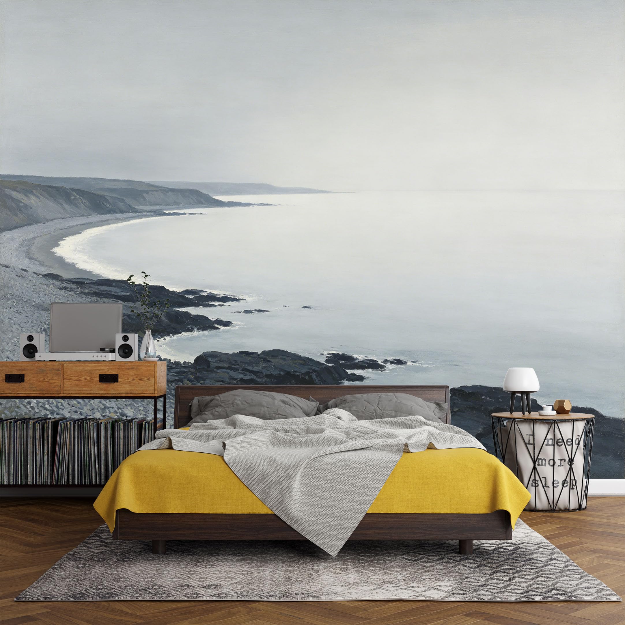 Custom Size Wall Mural Coastal Ocean Shoreline Misty Seascape Minimalist Oil Painting SelfAdhesive Art Prints wall Fabric（No PVC） Removable Wallpaper Living Room Decor