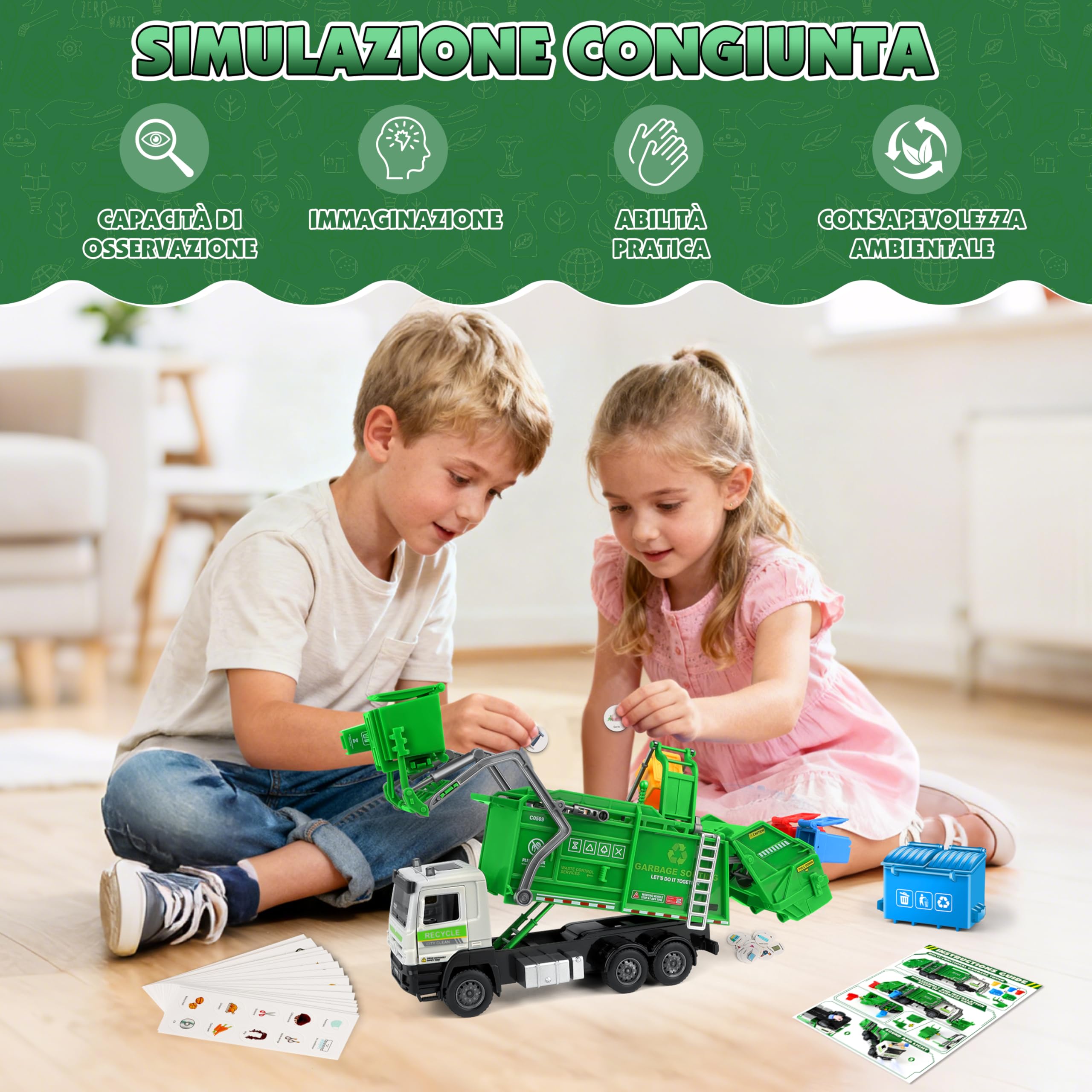 Charmofun Camion Spazzatura, Camion dei Rifiuti con 6 bidoni della spazzatura, 180 Carte del Rifiuto, Luci e Suoni, Camions Immondizia Regalo per Bambini e Bambine 3+