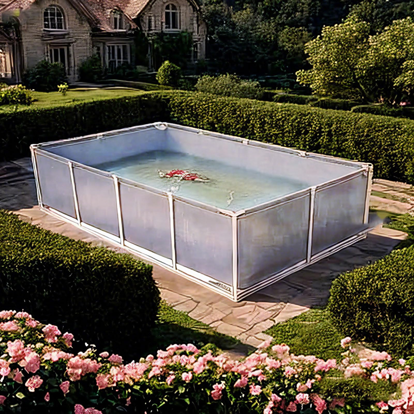 Large Framed Rectangular Swimming Pool, Above Ground Steel Frame Outdoor Garden Pool for Families & Kids, Capacity, Easy Assembly, Durable Metal Frame, Includes Repair Patch