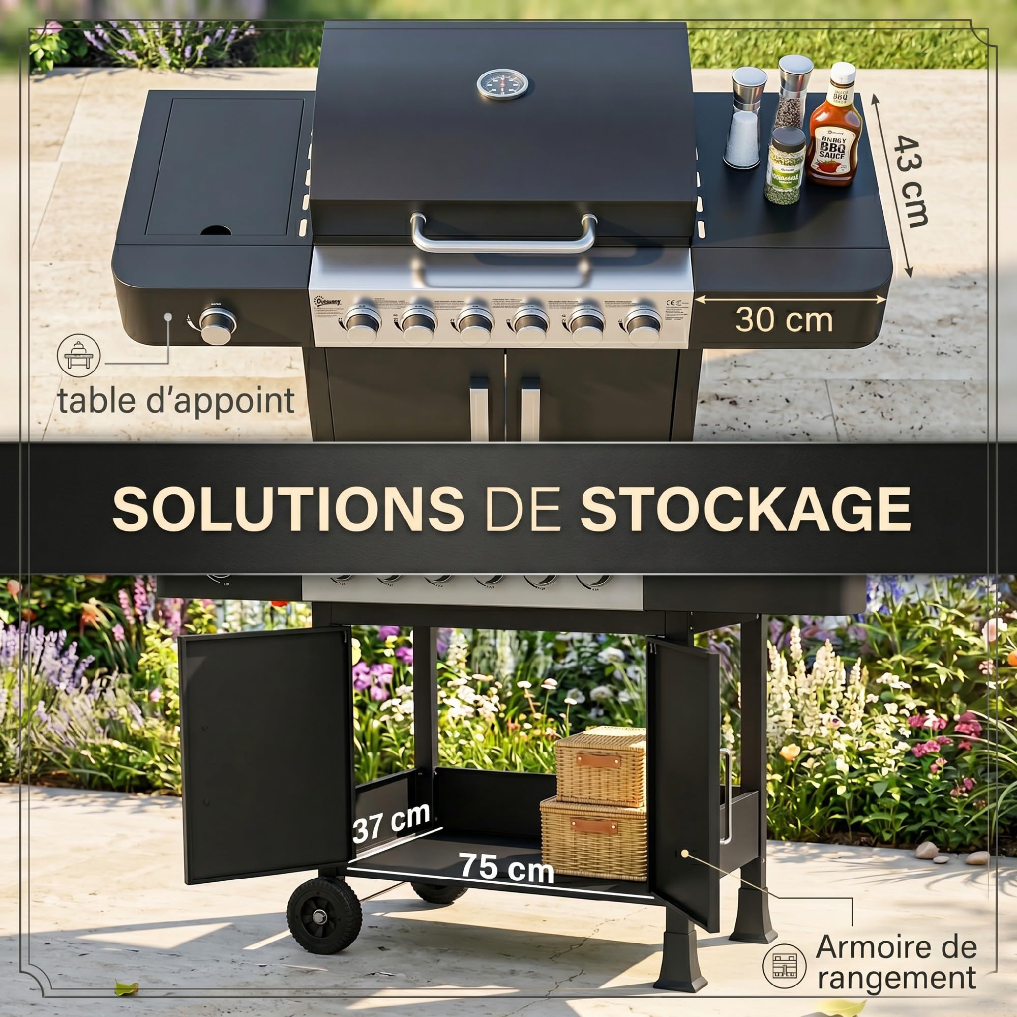 Outsunny Barbecue à gaz 6+1 brûleurs chariot portable avec roues, grille de maintien au chaud, thermomètre intégré, étagères latérales, placard et couvercle Noir