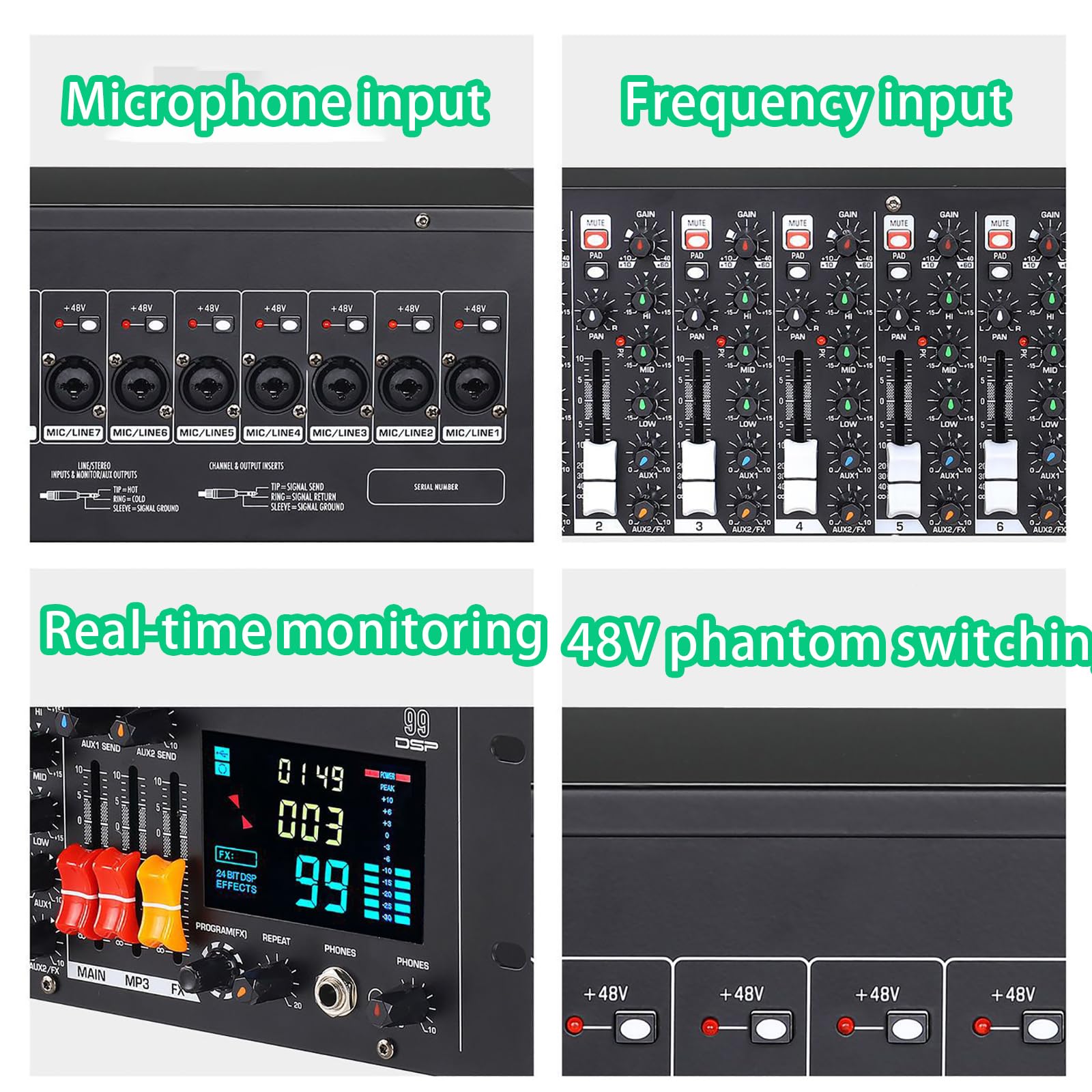 Mezclador de audio profesional de 9 canales con pantalla digital, Bluetooth integrado, alimentación Phantom de 48 V y 99 efectos DSP, entrada MP3 para uso en transmisión