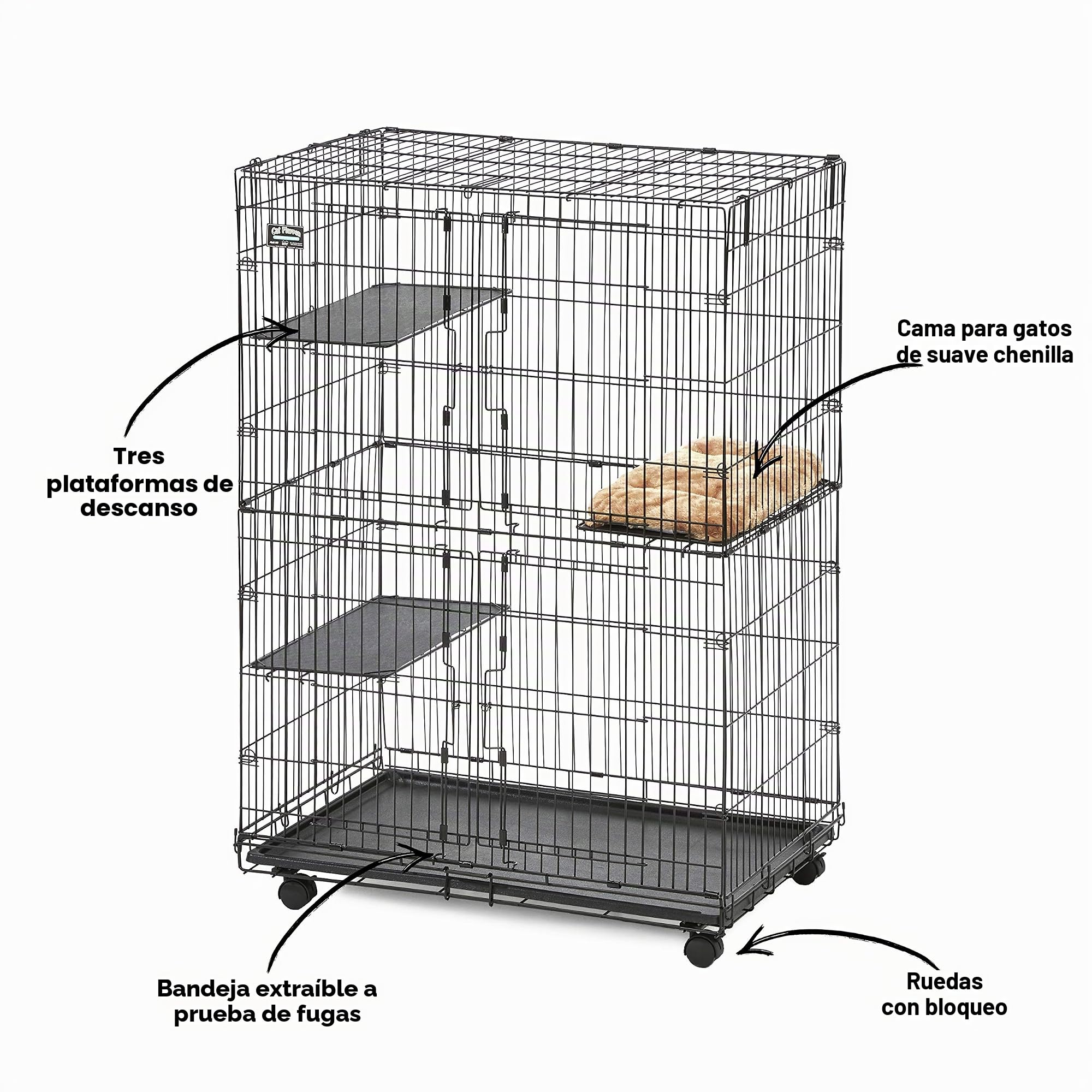 MidWest Homes for Pets - Parque de juegos plegable de metal para gatos en interiores. Incluye jaula con ruedas bloqueables, 3 plataformas, bandeja extraíble y cama de felpa. Ideal para 1 a 3 gatos