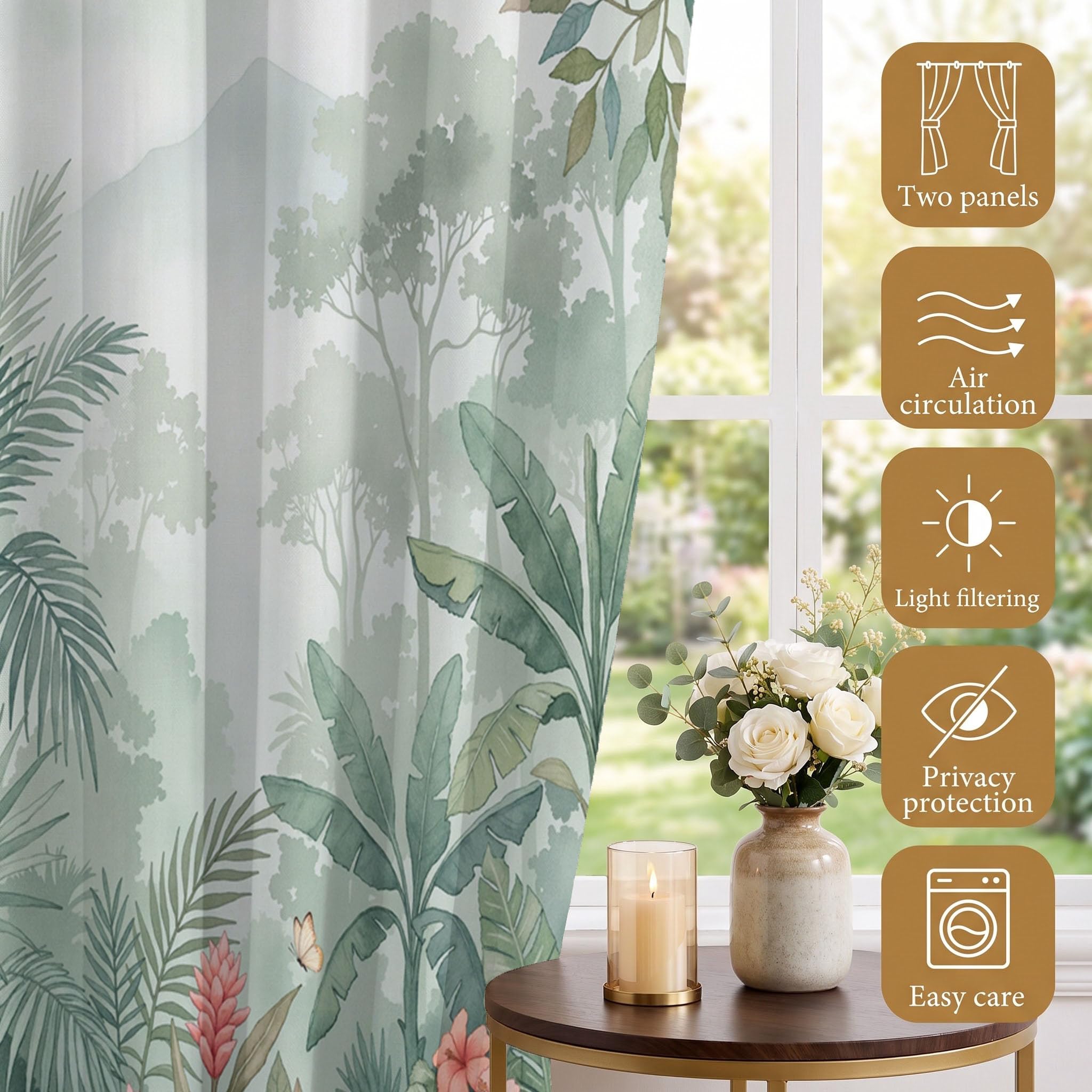 Rideau Occultants Fleurs De La Forêt Tropicale Humide Vert 140X220 Cm (Lxh) | Rideau Opaque Thermiques Palmier Brumeux pour Chambre d'enfant, Lot De 2 Draperies Intérieurs À Oeillets