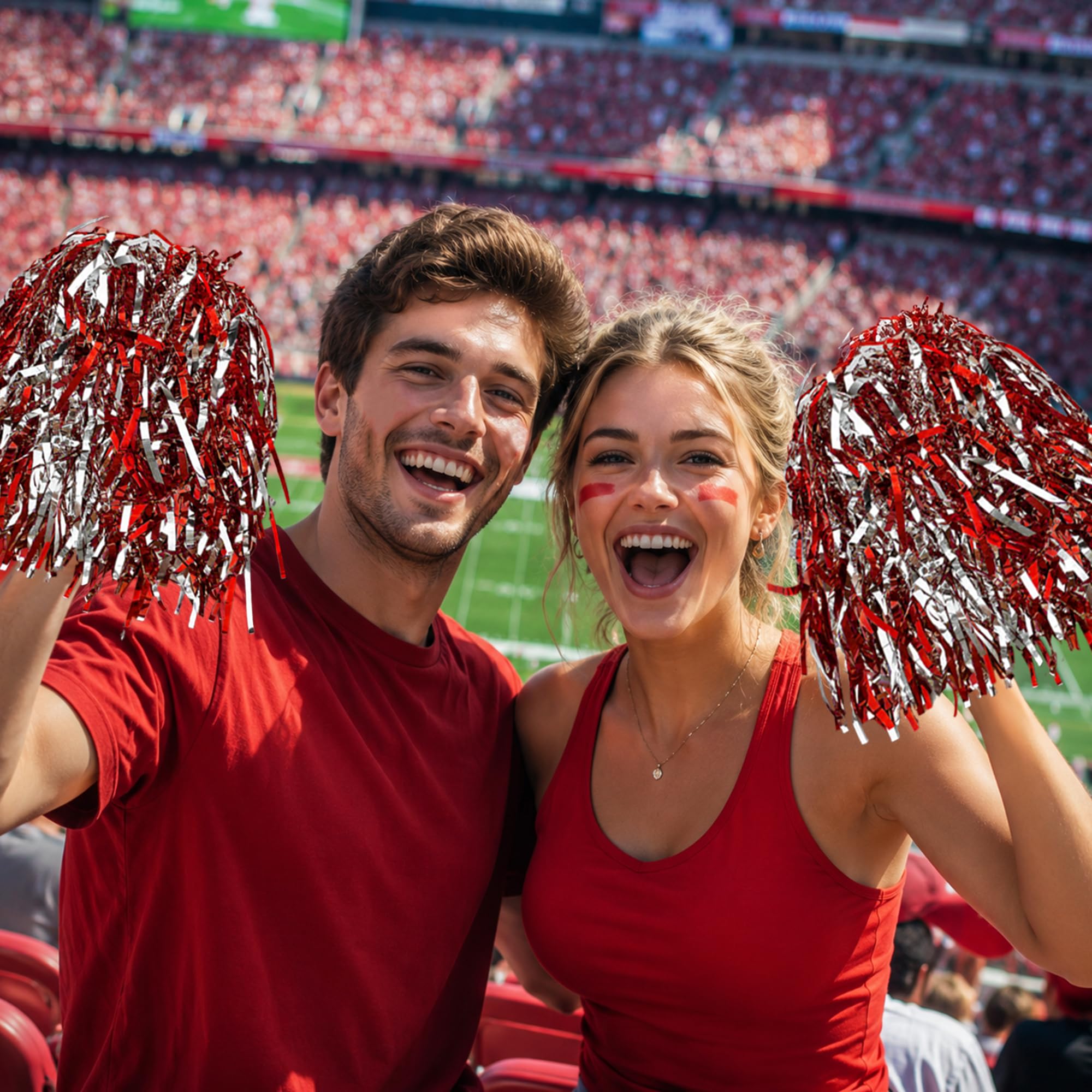 Lot de 80 pompons de pom-pom girl en plastique métallique pour football, basket-ball, sport, équipes, danse, fête, spectacle, célébration (rouge argent)