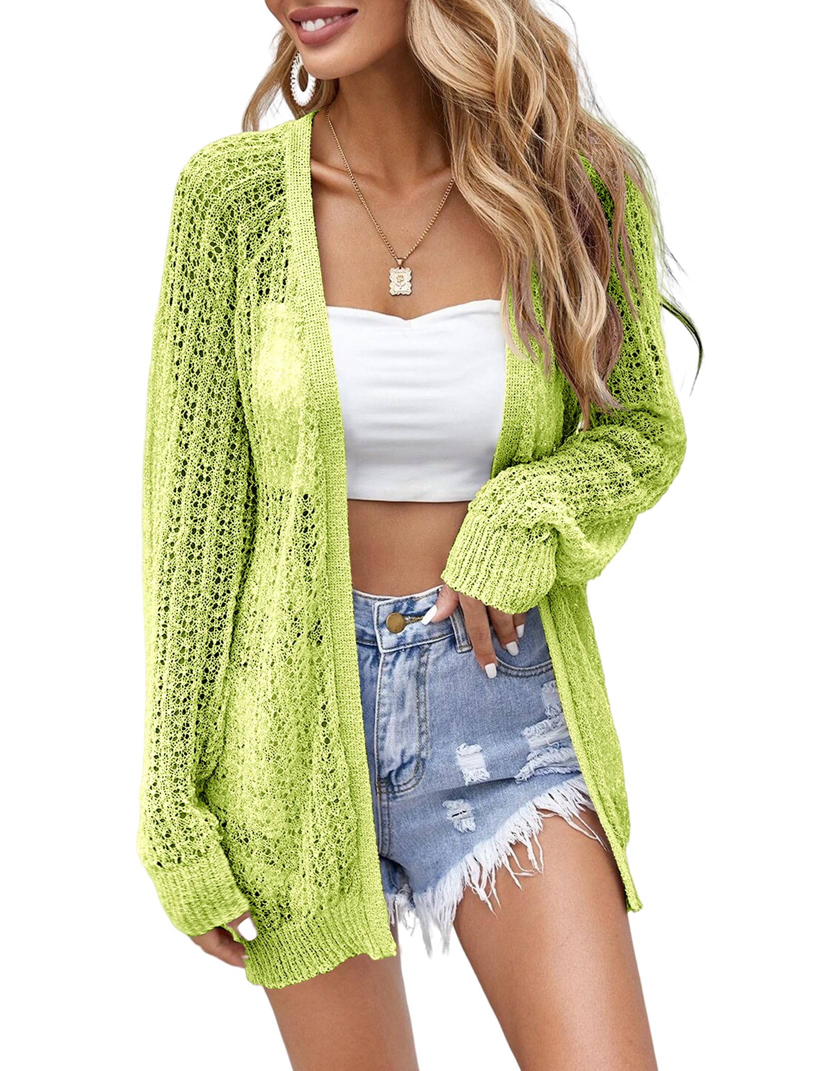 Women Crochet Lightweight Cardigan Cover Up Open Front Long Sleeve Summer Cardigans
