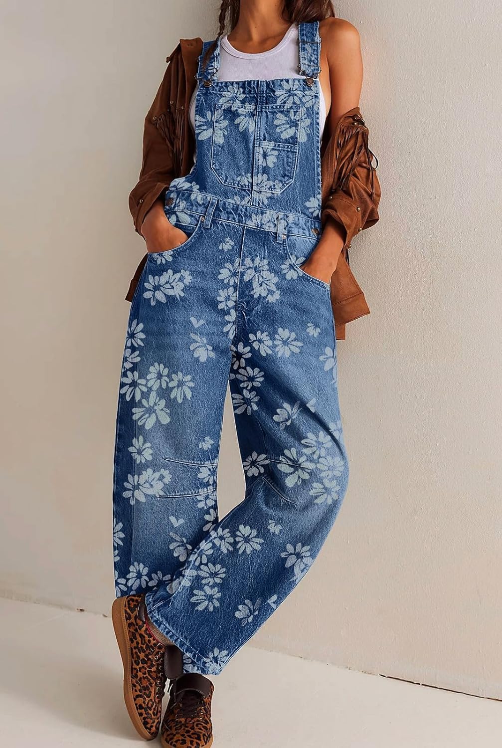 yoeasy Womens Denim Bib Overalls Floral Print Barrel Wide Leg Baggy Adjustable Strap Y2k Denim Pants Jumpsuits