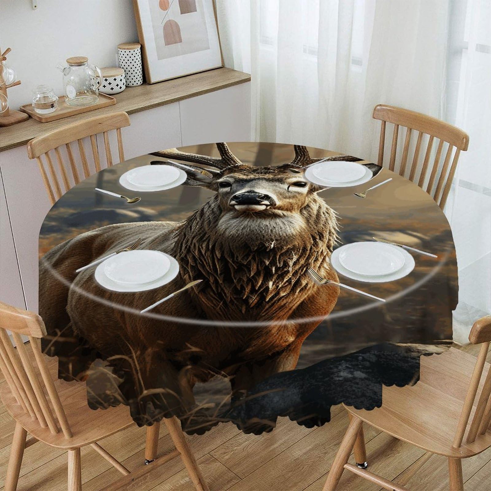 FekiLoot Deer Hunting Season Round Tablecloths 60 Inch Resistant Washable Polyester Table Cloth Style Decorative Circle Fabric Table Cover for Dining Kitchen Party Farmhouse Outdoor