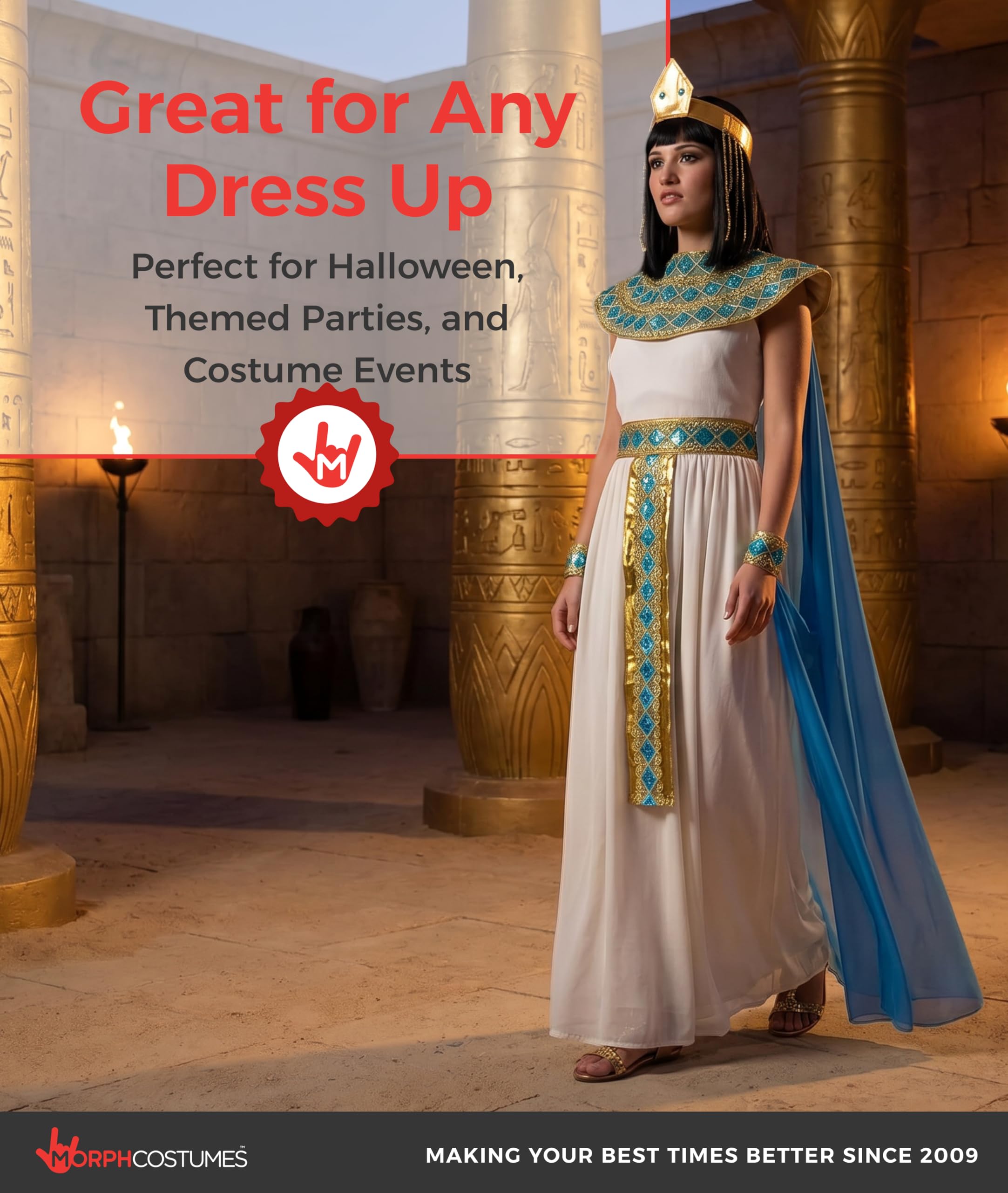Morph Deguisement Cleopatre Femme, Costume Egyptien Halloween Femme | Robe à Bijoux, Ceinture Dorée, Collier, Cape & Coiffe, Reine du Nil, Parfait pour Halloween, Idéal pour se Déguiser