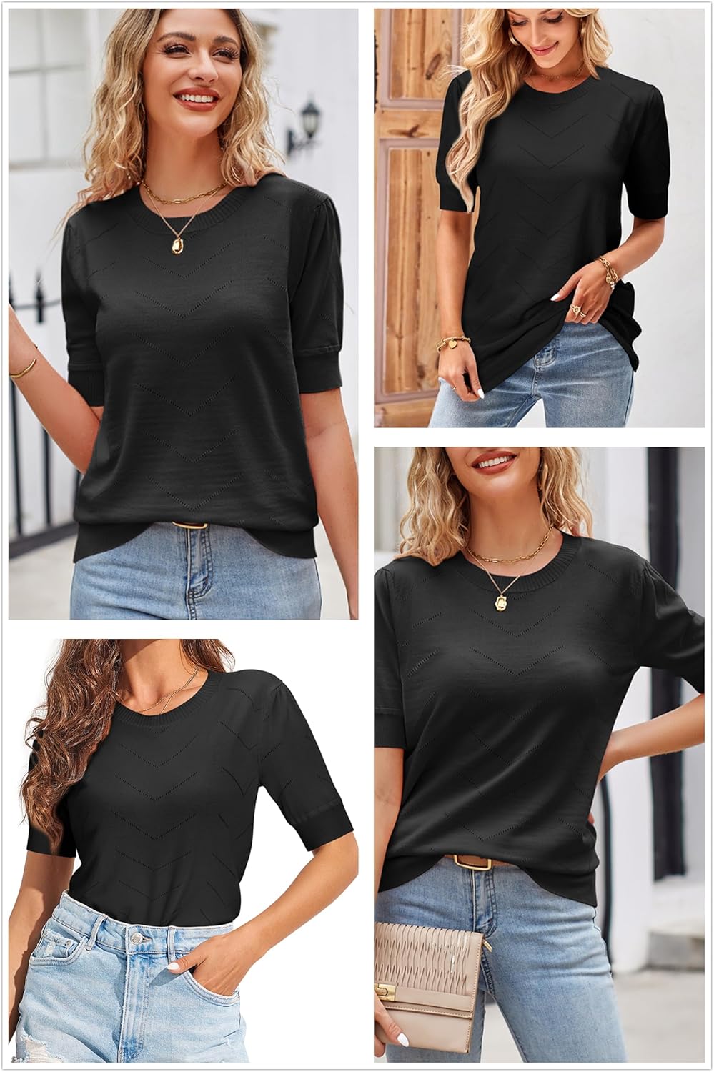 Newshows Womens Summer Short Sleeve Sweater Tops Fall Business Casual Outfits Crewneck Lightweight Dressy Knit Shirts - Image 3