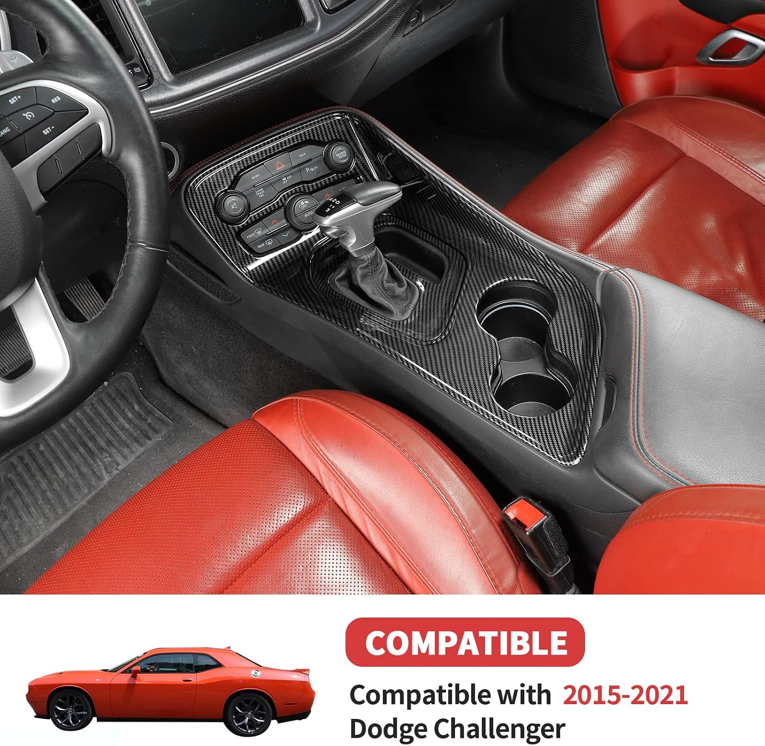 Carbon Fiber Center Console Gear Shift Panel Cover Trim Kit 2Pcs Compatible with 2015-2023 Dodge Challenger