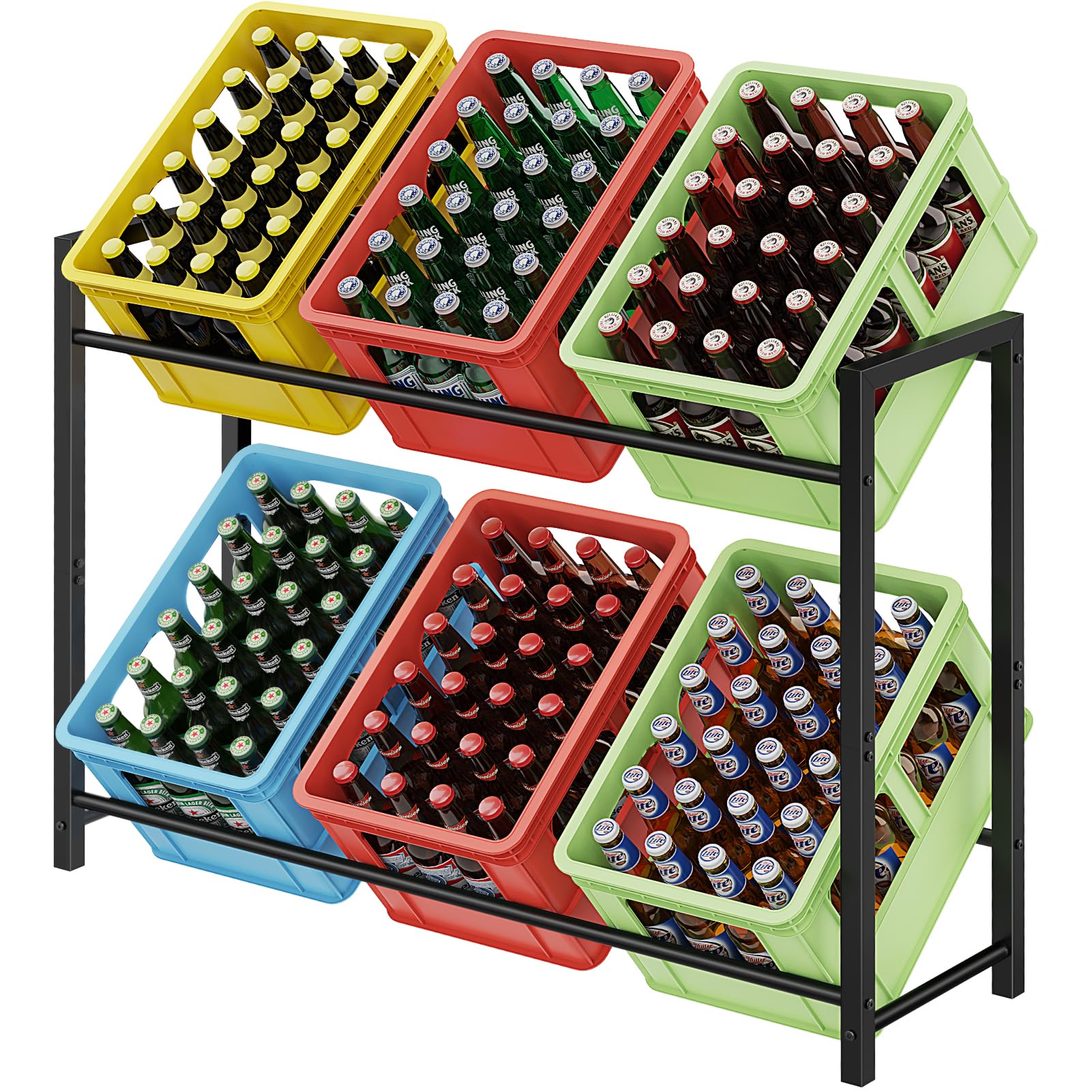 WELDUN Getränkekistenregal für 6 Getränkekisten, Meatll Kistenregal mit 2 Ebenen für Bier, Obst, Gemüse, Wasser, Tragfähigkeit 150KG