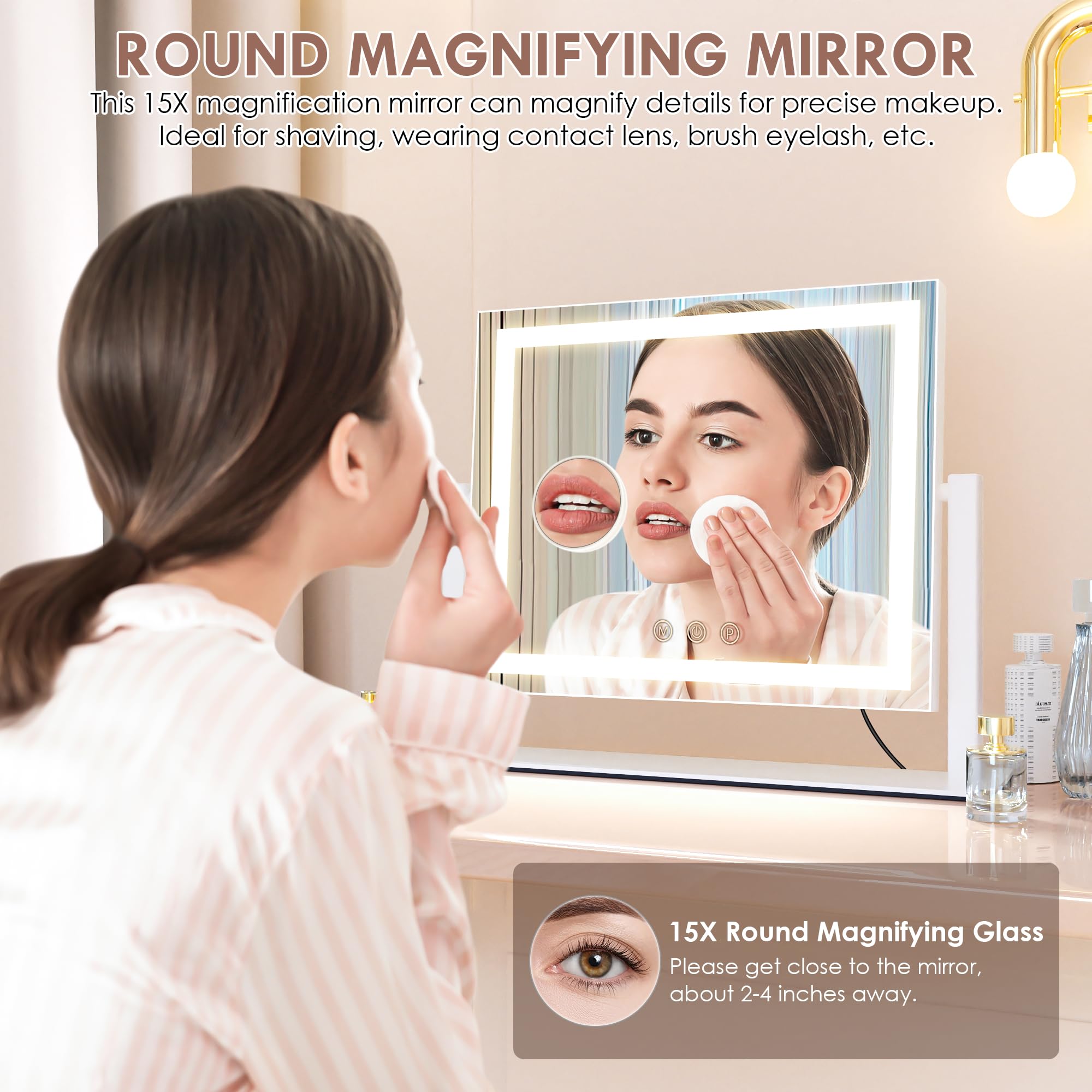 LuxeVue Espejo de Maquillaje con Luces, Espejo de Tocador con 3 Modos de Iluminación, Espejo con Luz, Sensor Táctil, Giratorio 360°, Marco de Metal, Regalo para Mujeres