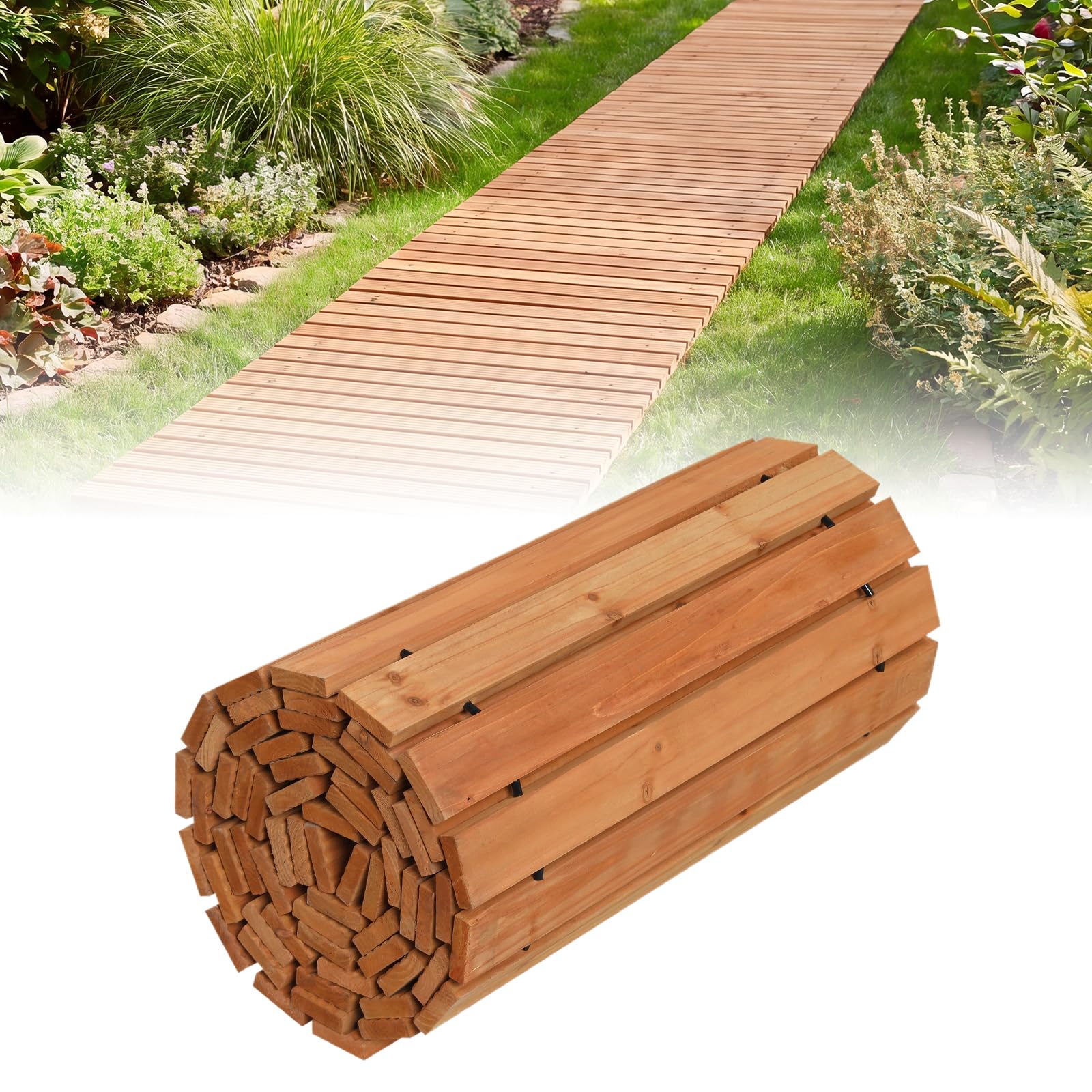 COSTWAY Sentiero da Giardino in Legno, Passerella Decorativa da Esterno, Superficie Antiscivolo, Collegamento con Fili Metallici, Sentiero Arrotolabile per Cortile e Spiaggia, 367 x 55 cm (Naturale)
