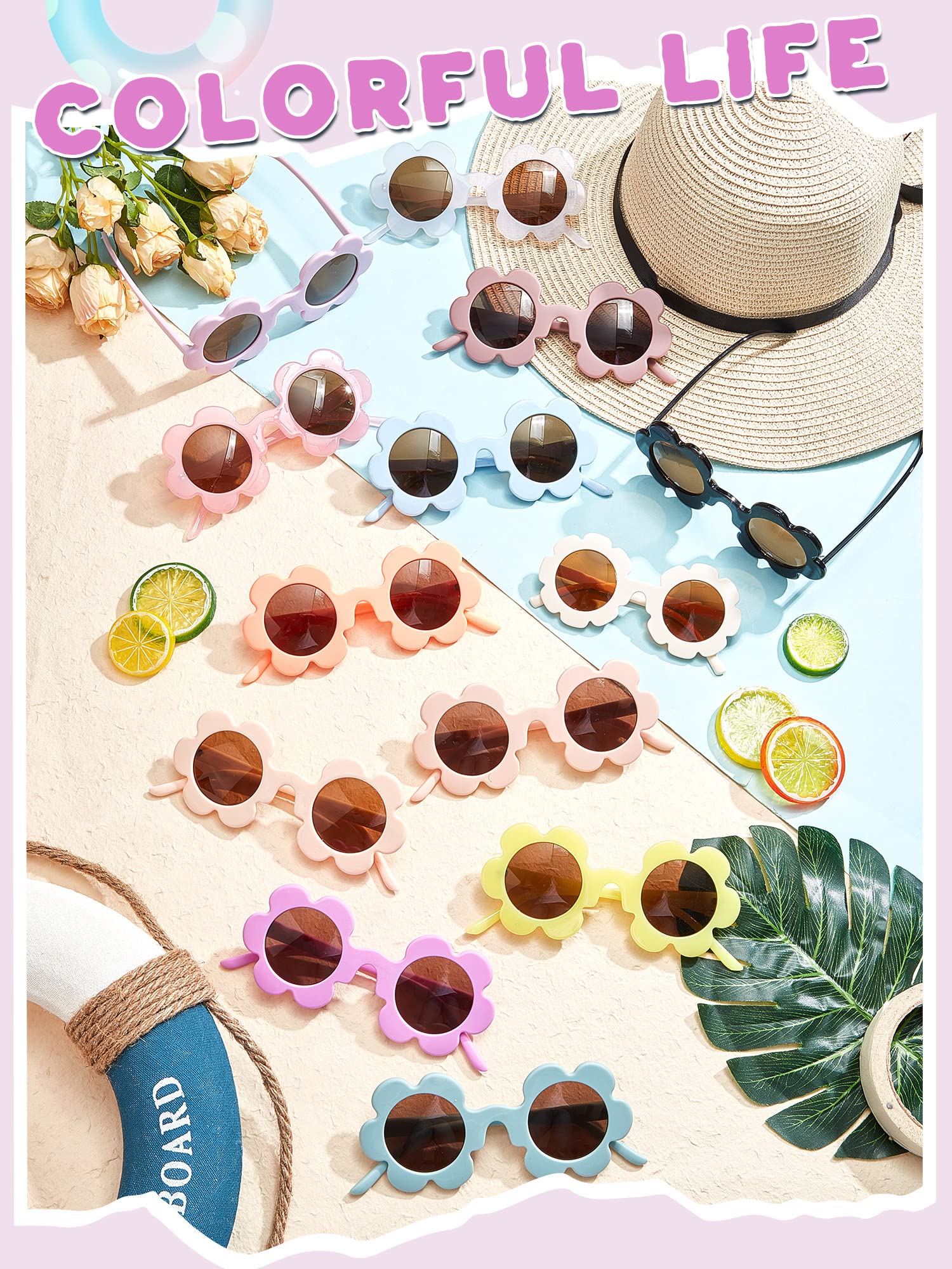Kanayu Lot de 12 paires de lunettes de soleil d'été pour adultes - 13,7 cm - Protection UV - Motif floral coloré - Cadeau de fête