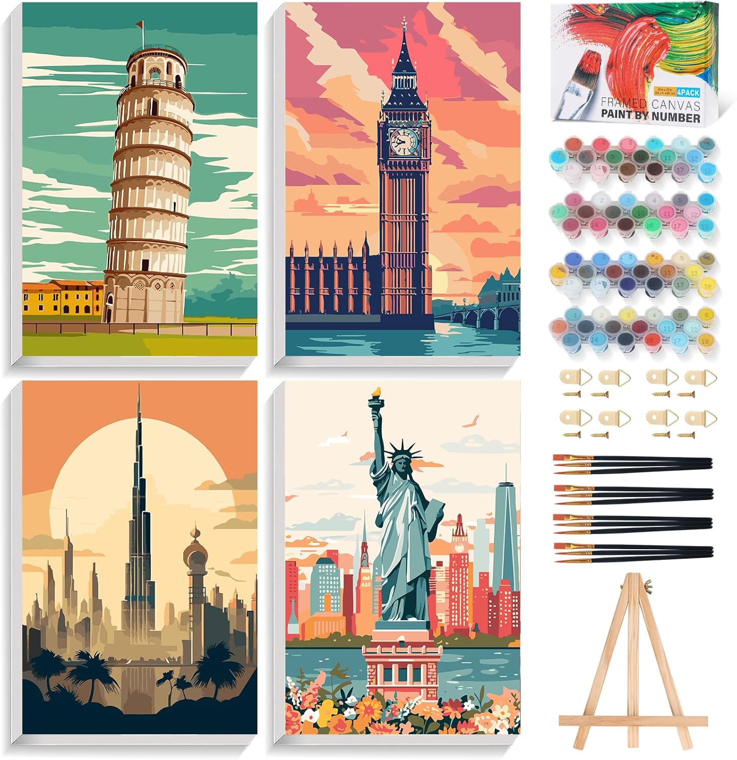 Offito 4 Pack Framed Paint by Numbers Kit for Adults Beginners with