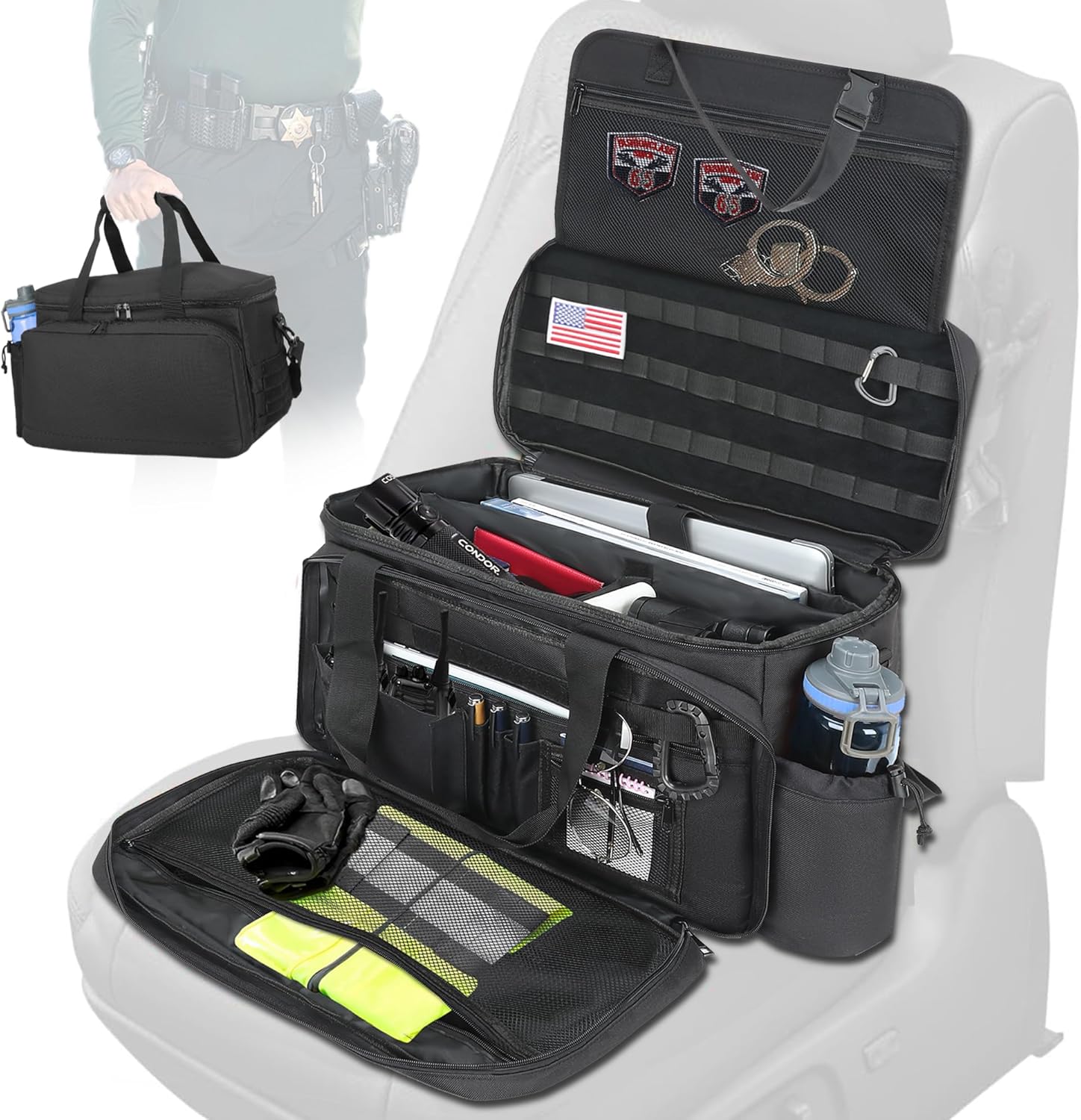 Patrol Bag Law Enforcement Car Front Seat Organizer, 17" Laptop Sleeve, MOLLE, Cup Holder, Water Resistant, Multiple Pocket Tactical Police Gear and Duty Bag