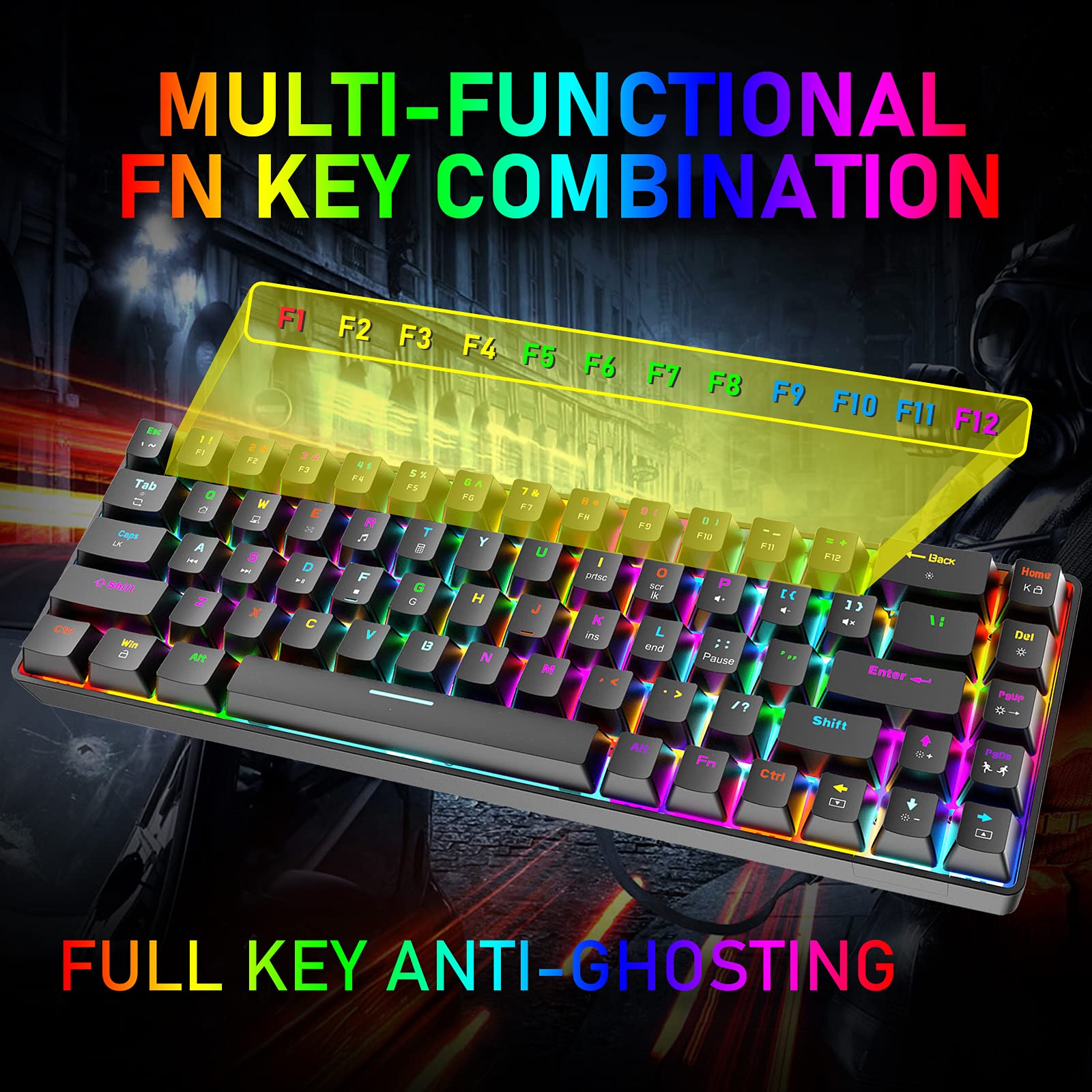 T8 Teclado mecánico actualizado 60% para juegos compacto tipo C con cable 68 teclas LED retroiluminado USB teclado impermeable 18 Chroma RGB Backlight teclas anti-ghosting (interruptor marrón )