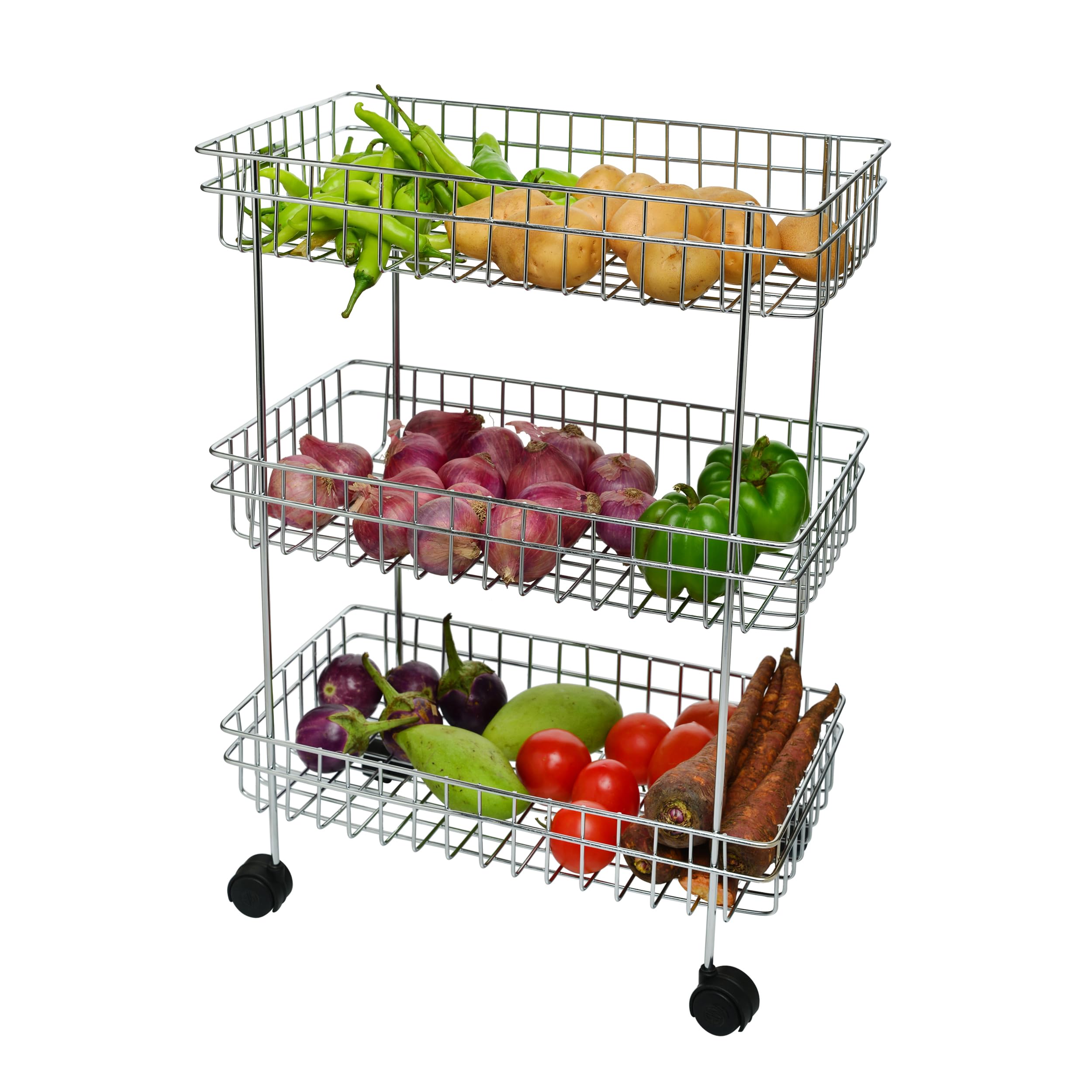 Tinbell Stainless Steel Kitchen Trolley, Fruits & Vegetable Trolley Container, Basket Organizer Holder Stand for Kitchen, Multipurpose Kitchen Trolley with Wheel (3 Shelf)