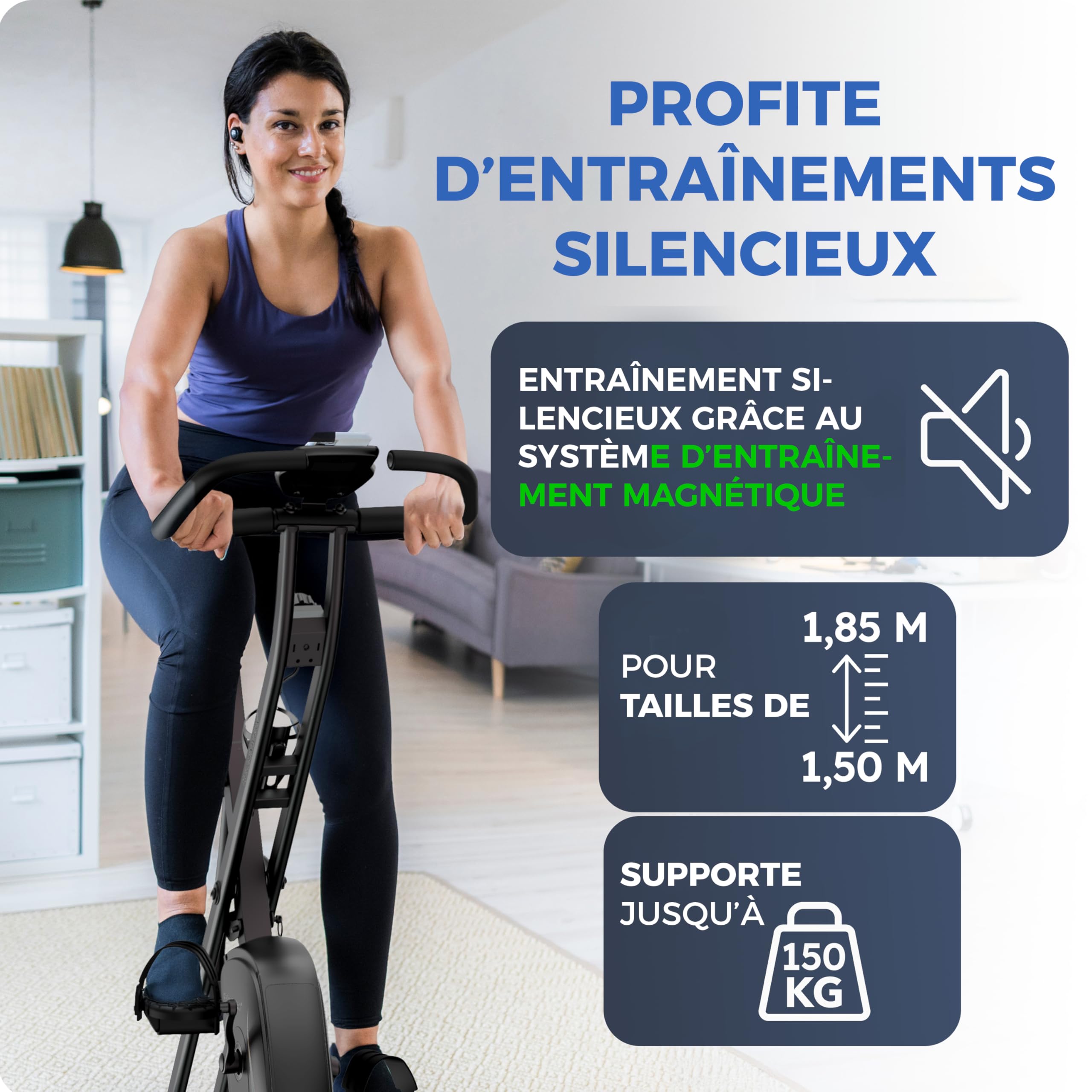 Vélo d’appartement pliable Set NEUF 2025 – silencieux & confortable [Selle confort FlexiFoam] – charge maximale 150 kg – velo d appartement certifié TÜV GS – vélo appartement pliant pour la maison
