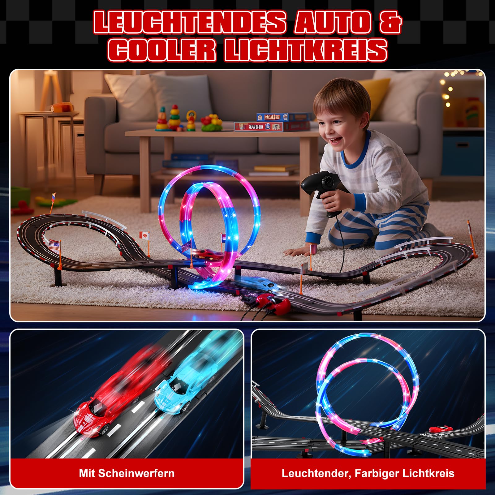 Elektrische Rennbahn Kinder, Autorennbahn Beleuchtete Elektrische Rennstrecke 1:64 Autobahn - 4 LED Auto, Rundenzähler, 360°-Looping, Rennstrecke Auto Spielzeug für Kinder 3 6-12 Jahre (L)