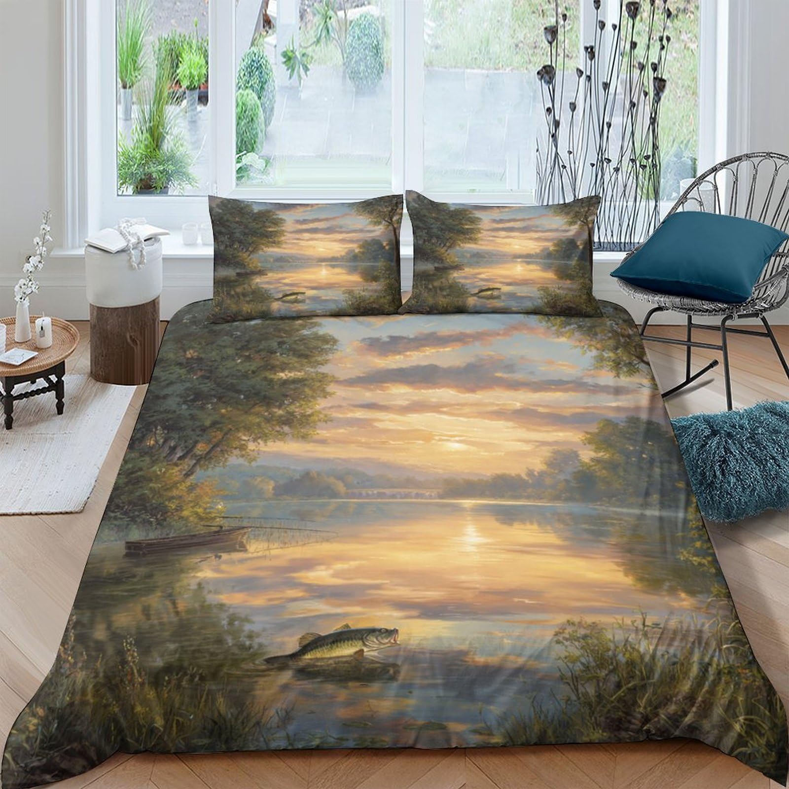 Ctjqhvkz Style-8 3D Printed Sunset Lake Fitted Sheet Microfiber Artistic Forest Mattress Cover For Bedroom Decor Dorm Guest Room Single（135X200cm）