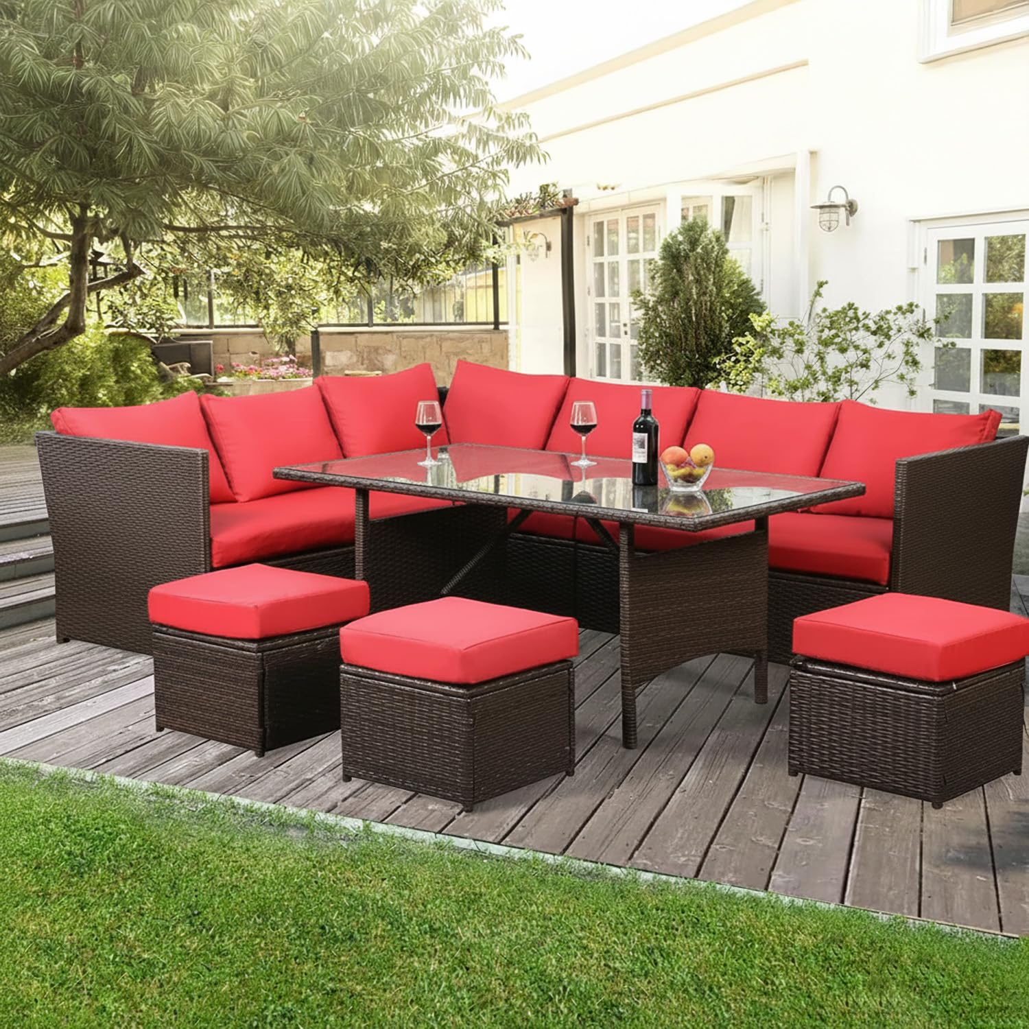 DEVOKO 6 Pieces Patio Furniture, Outdoor Dinning Set HDPE Wicker Conversation Sofa Outside Couch with Table (Dark Brown and Red)