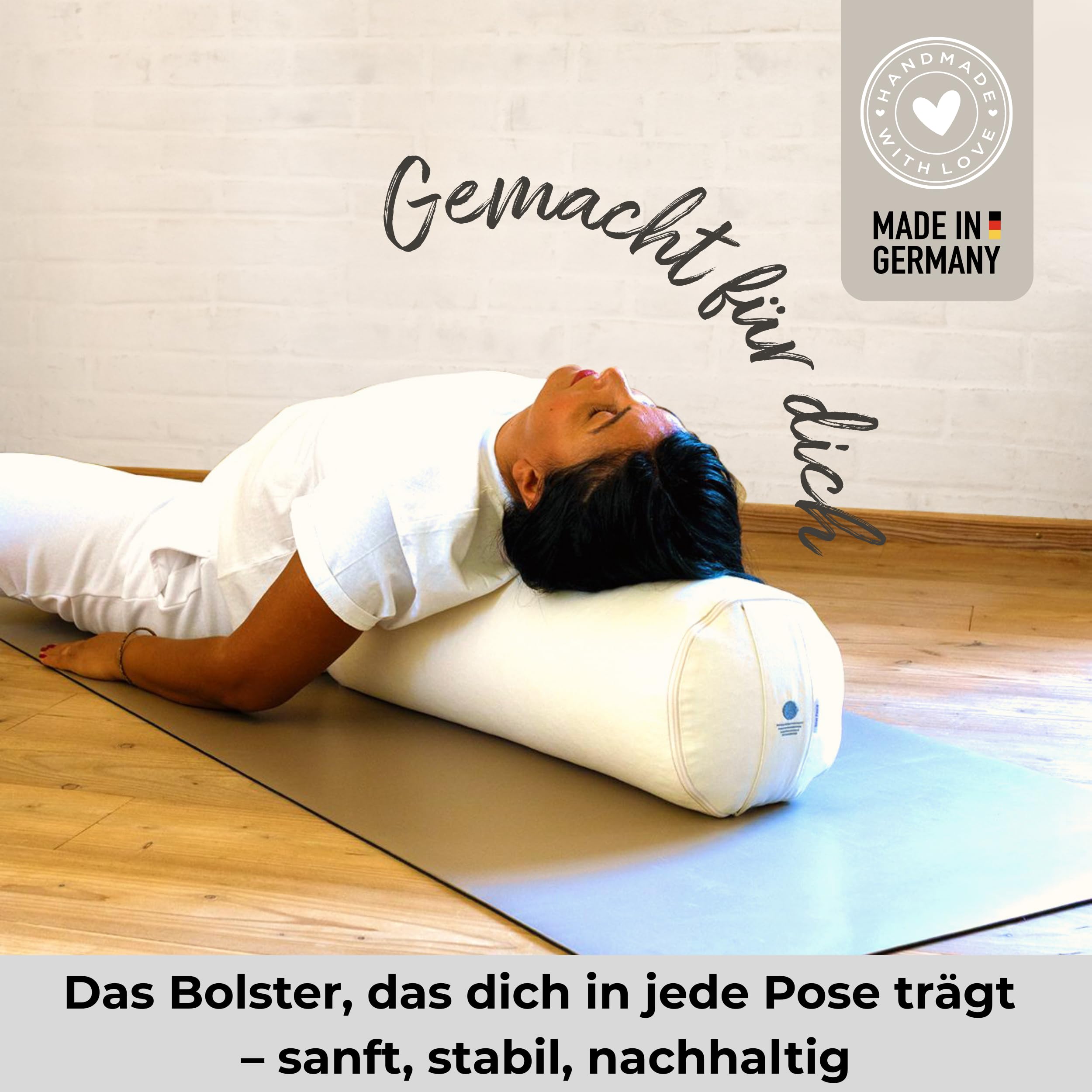 Yoga Bolster Ø 23 cm mit Bio-Dinkelfüllung | Bezug aus 100% Bio-Baumwolle, Yogakissen lang, Made in Germany, waschbarer Bezug, für Yoga & Entspannung