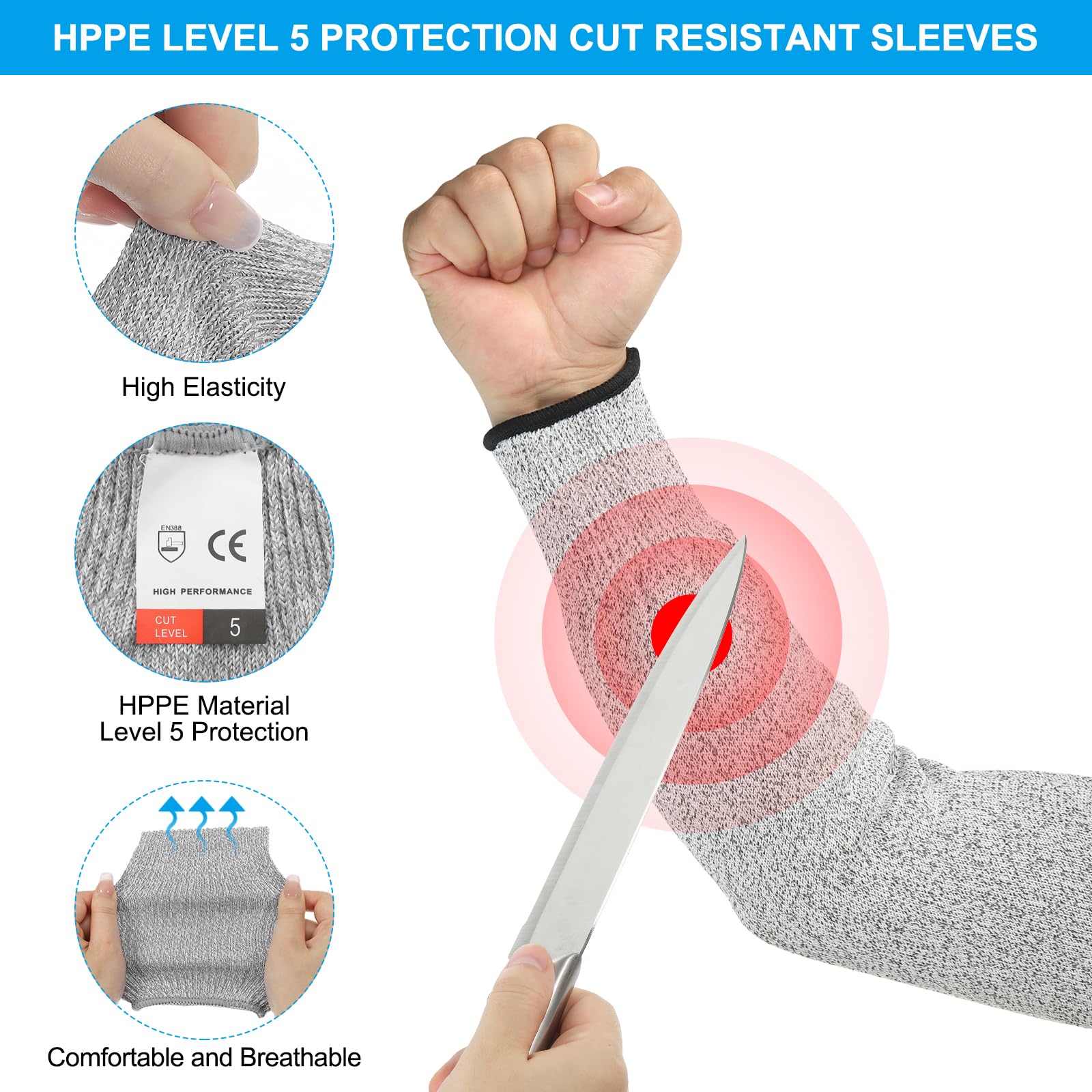 PATIKIL 16 Inch Cut Resistant Sleeve, 2 Pairs Arm Safety Protectors Sleeves Forearm Sleeve HPPE Level 5 Protection for Thin Skin and Bruising, L, Gray - Image 3