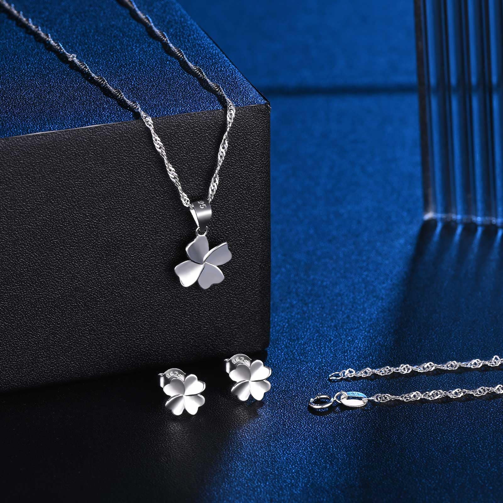 Pendientes y Collar de Trébol de Plata de Ley 925 para Mujer Niña, Conjuntos de Joyas de Trébol de Cuatro Hojas, Collar con Colgante y Pendientes de Trébol, Elegante de joyas plata