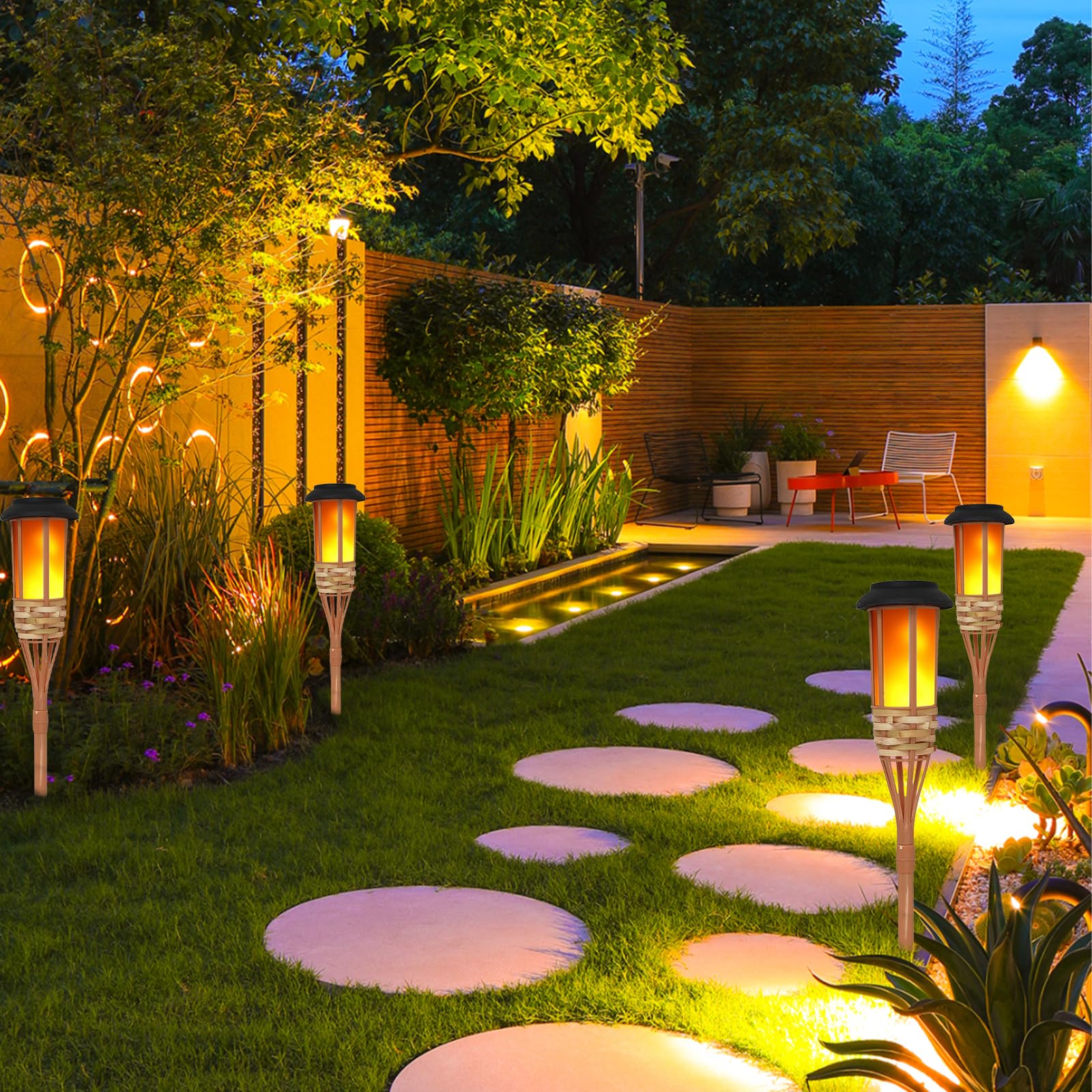 4 luces solares para exteriores, altura de 60 cm, impermeables, luces solares parpadeantes, decoraciones de camino para patio, patio, antorchas de bambú hechas a mano, luces de estaca de iluminación